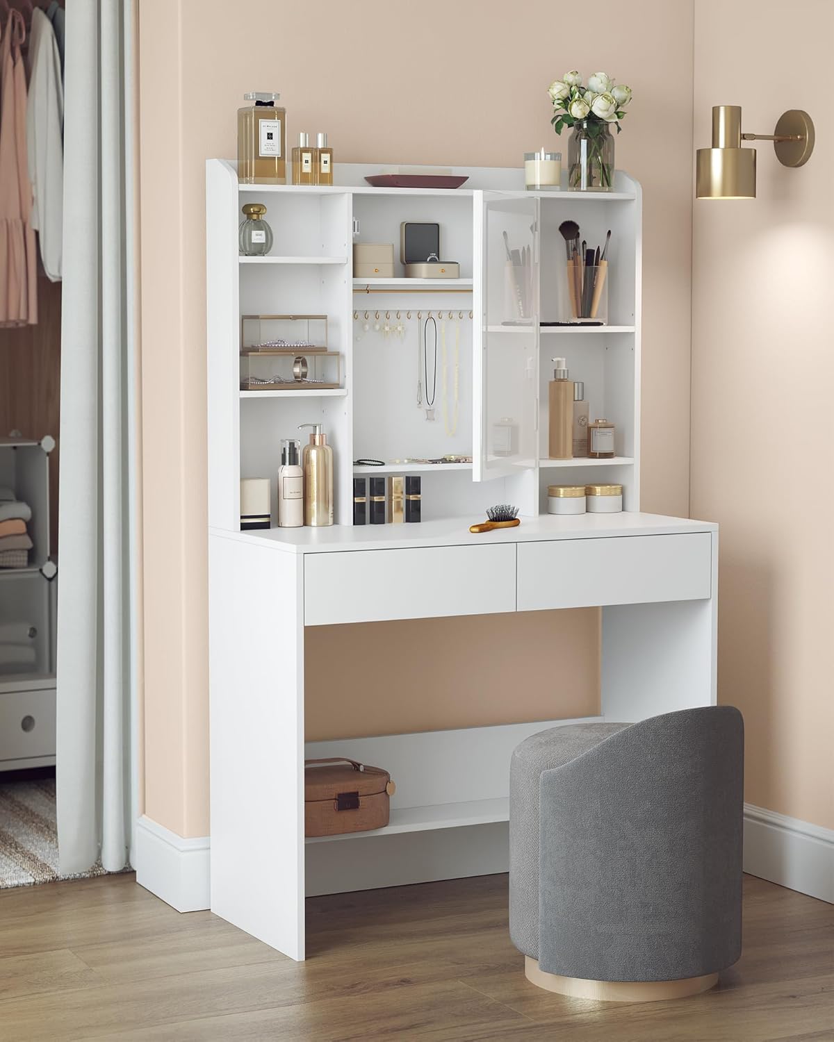 VASAGLE - Kailyn Collection - grande coiffeuse blanche, miroir LED, 2 tiroirs, étagère réglable, RDT123WB01
