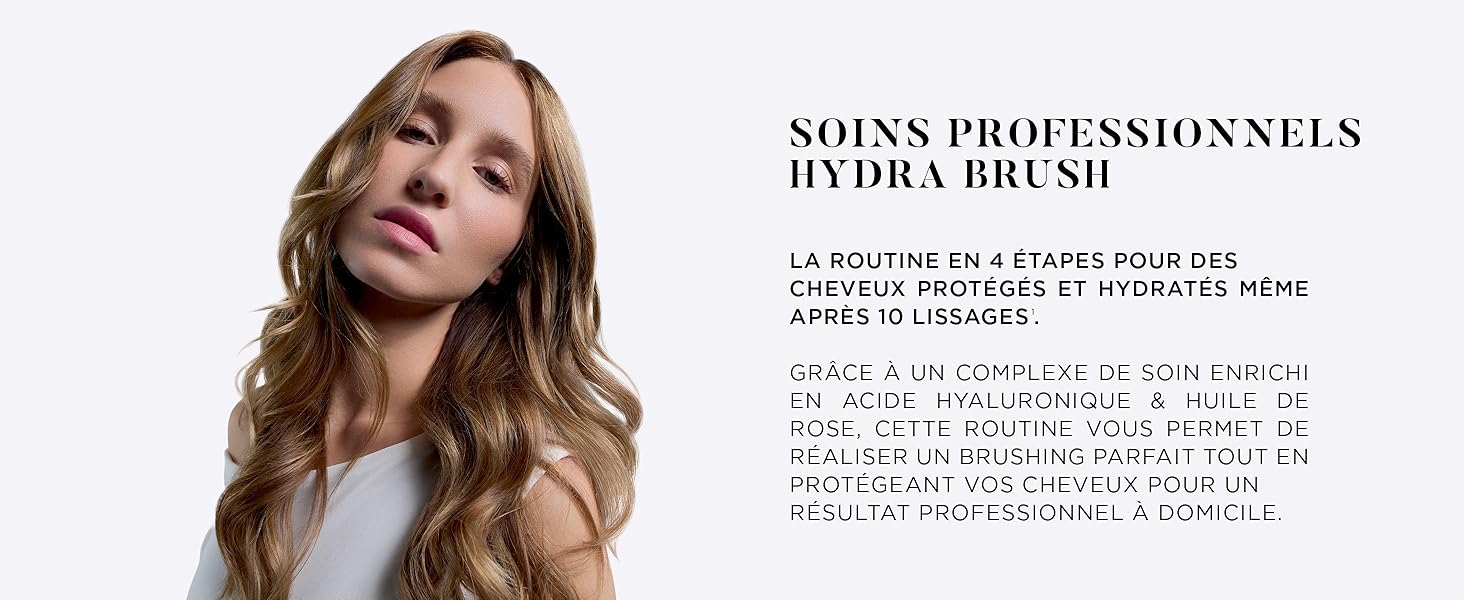 Le texte indique « SOINS PROFESSIONNELS HYDRA BRUSH » sur une image publicitaire représentant de longs cheveux ondulés sur fond blanc.