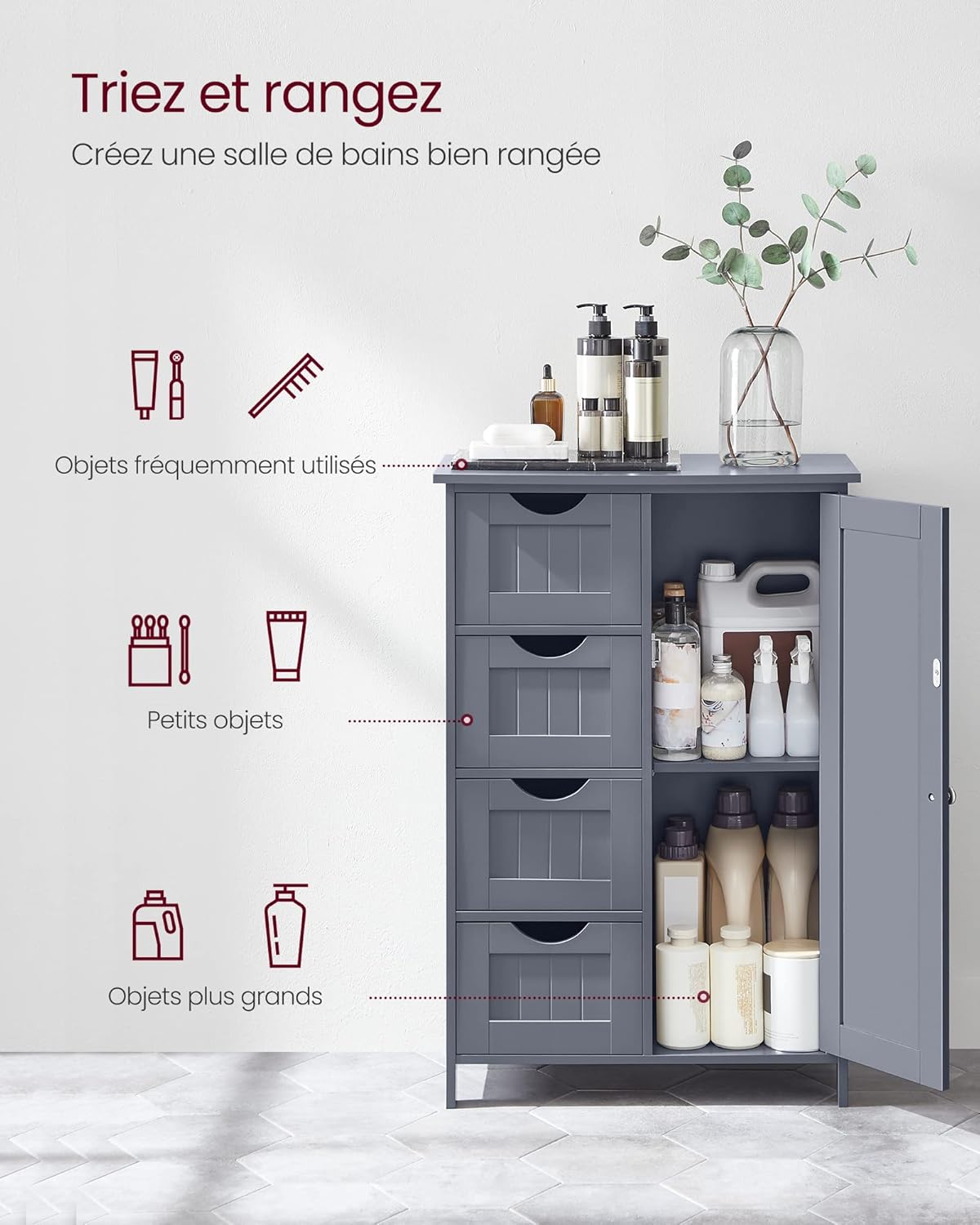 VASAGLE - armoire salle de bain, 30x55x82 cm, 4 tiroirs, porte, LHC41GY