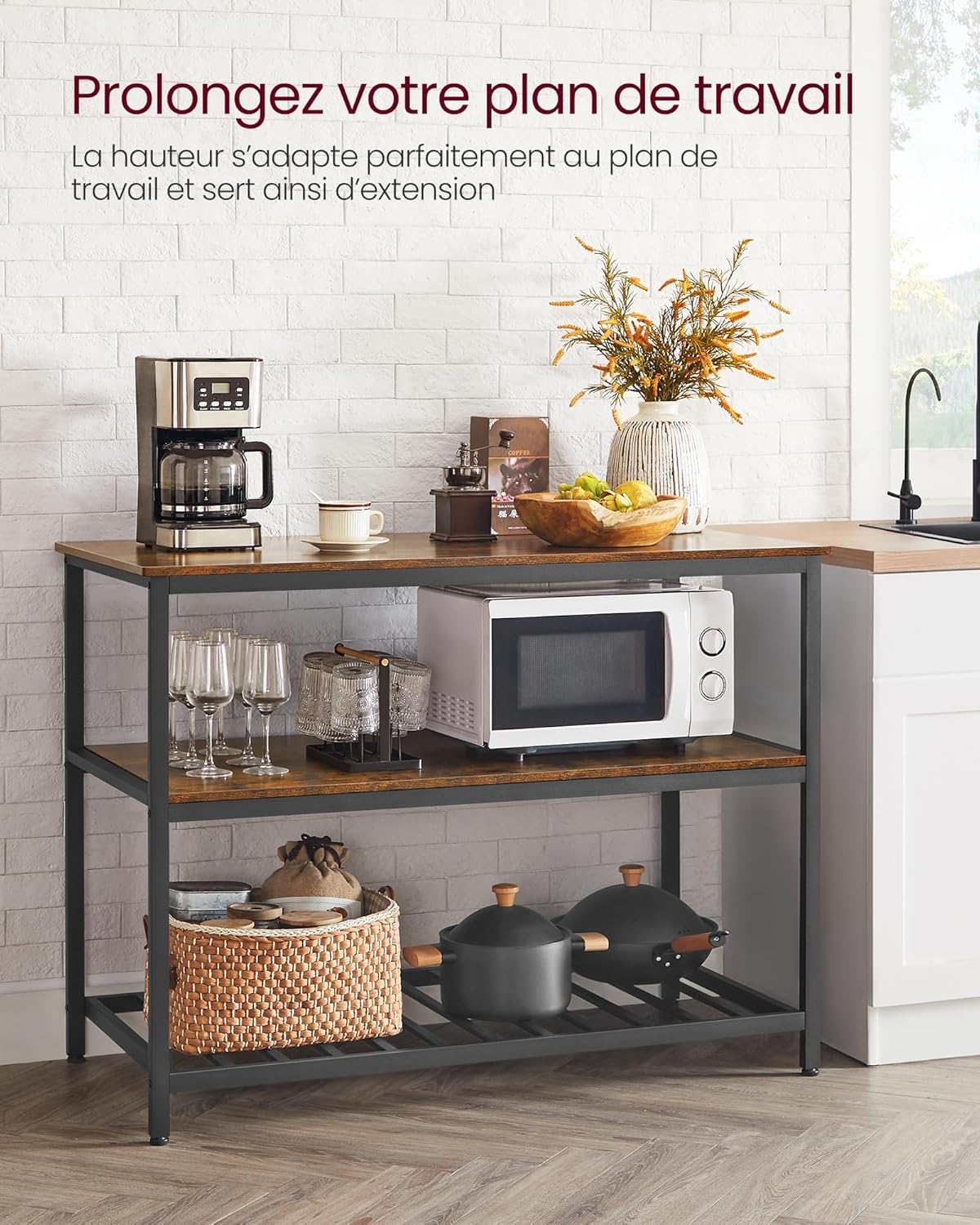 VASAGLE - étagère de boulanger - 120x60x90 cm - grand plan de travail, acier stable, marron rustique