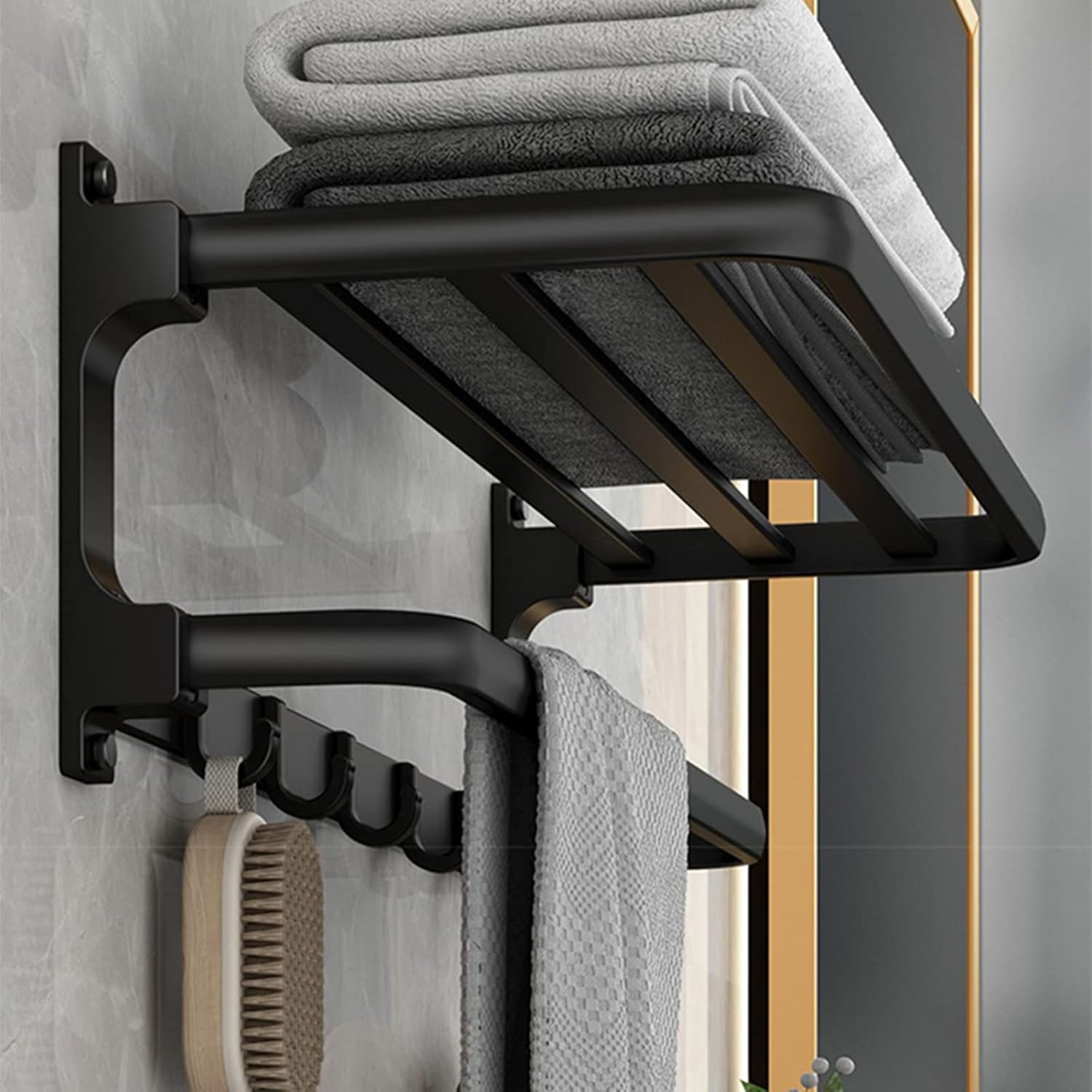 Porte-Serviettes mural sans perçage, 58cm, 5 crochets, noir