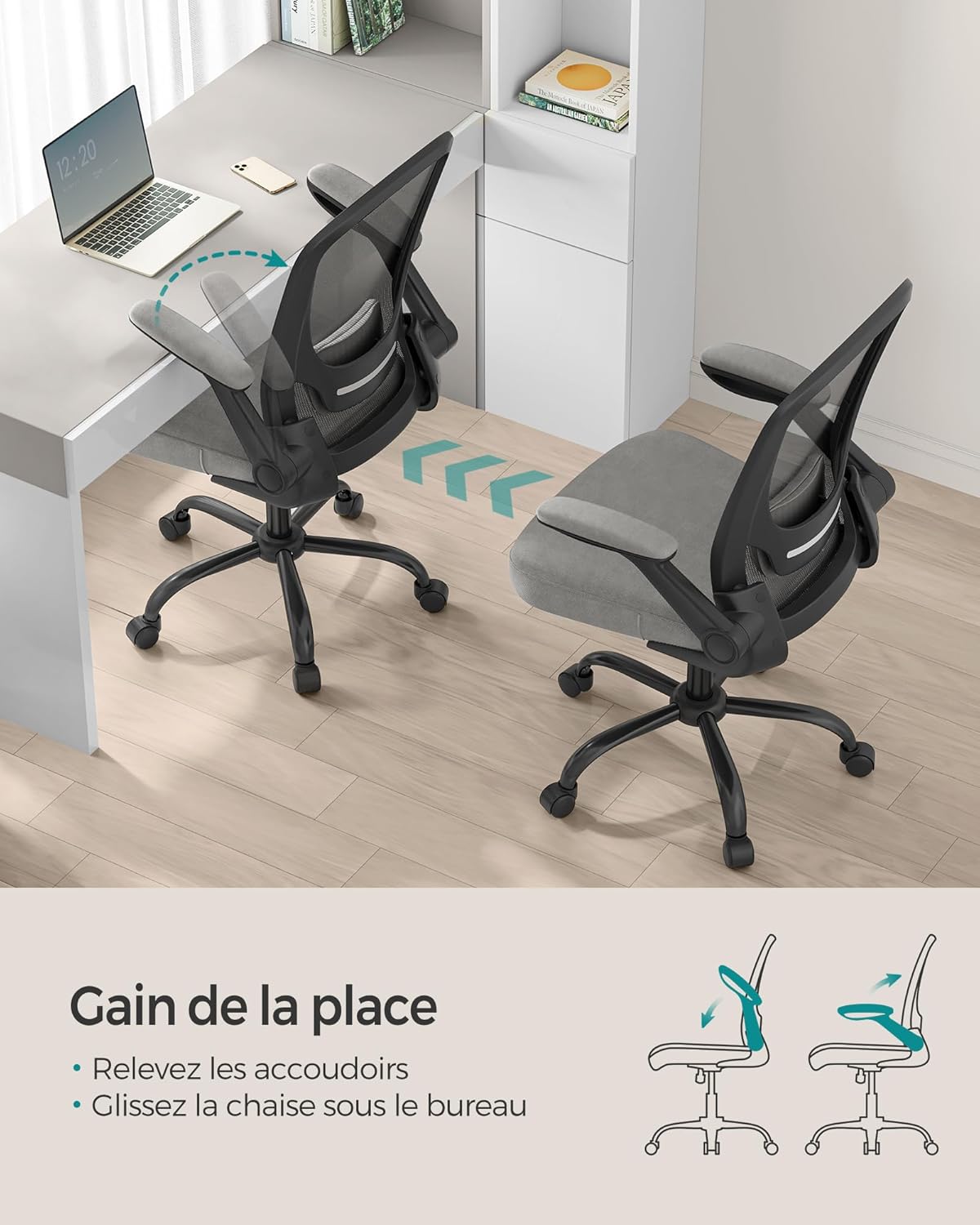 SONGMICS - Chaise bureau ergonomique, 53cm, support lombaire, accoudoirs rabattables, OBN037G01