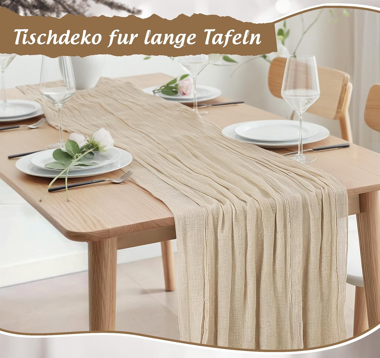 Chemin de table étamine beige – 80x300 cm – gaze transparente bohème