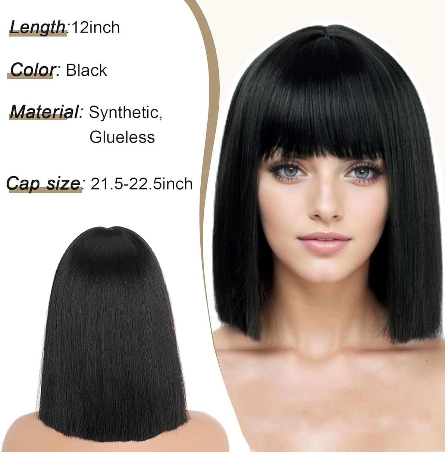 Perruque femme - bob droit noir avec frange - courte - synthétique, usage quotidien et cosplay