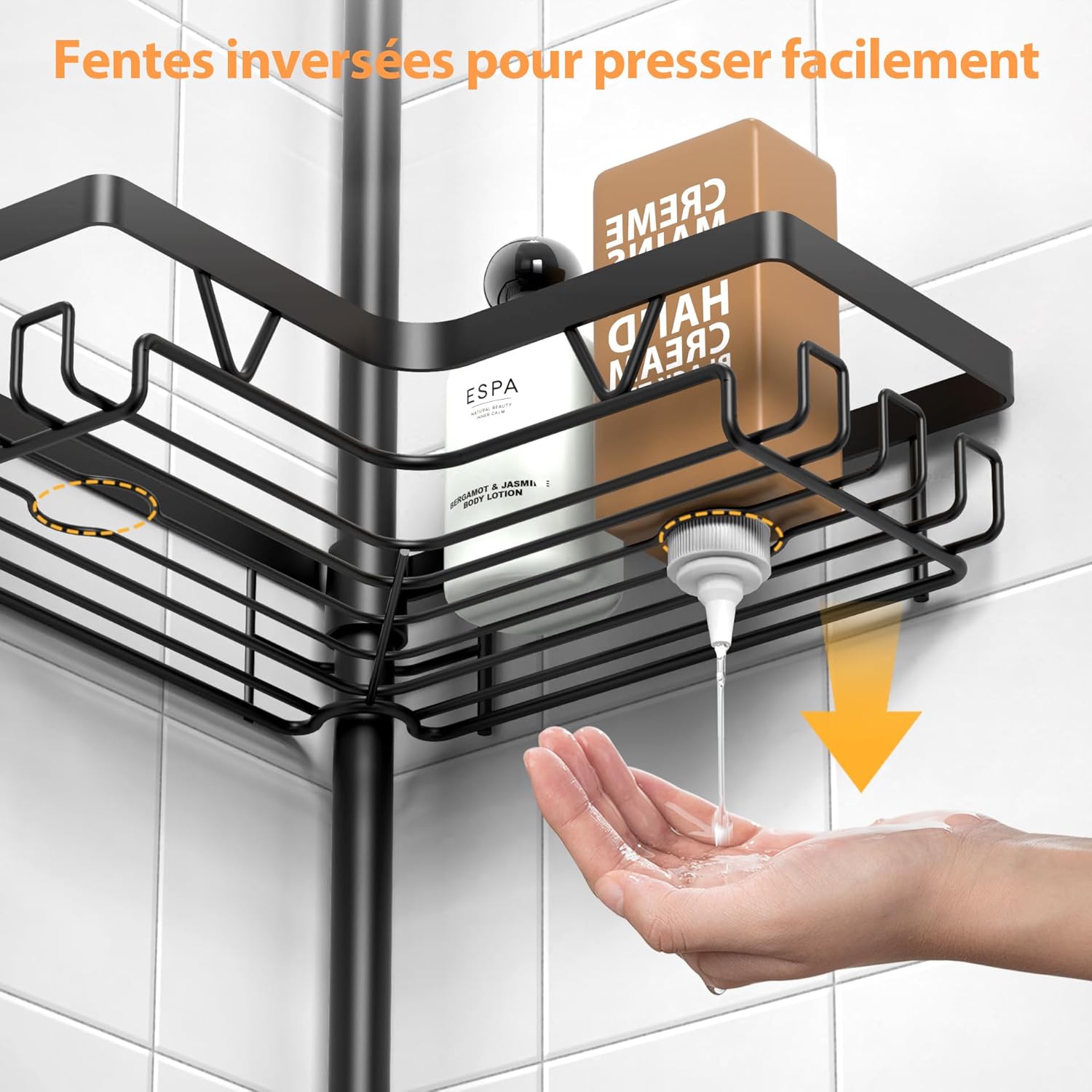Etagere Douche - angle télescopique, inox, porte-serviette, crochets, noir