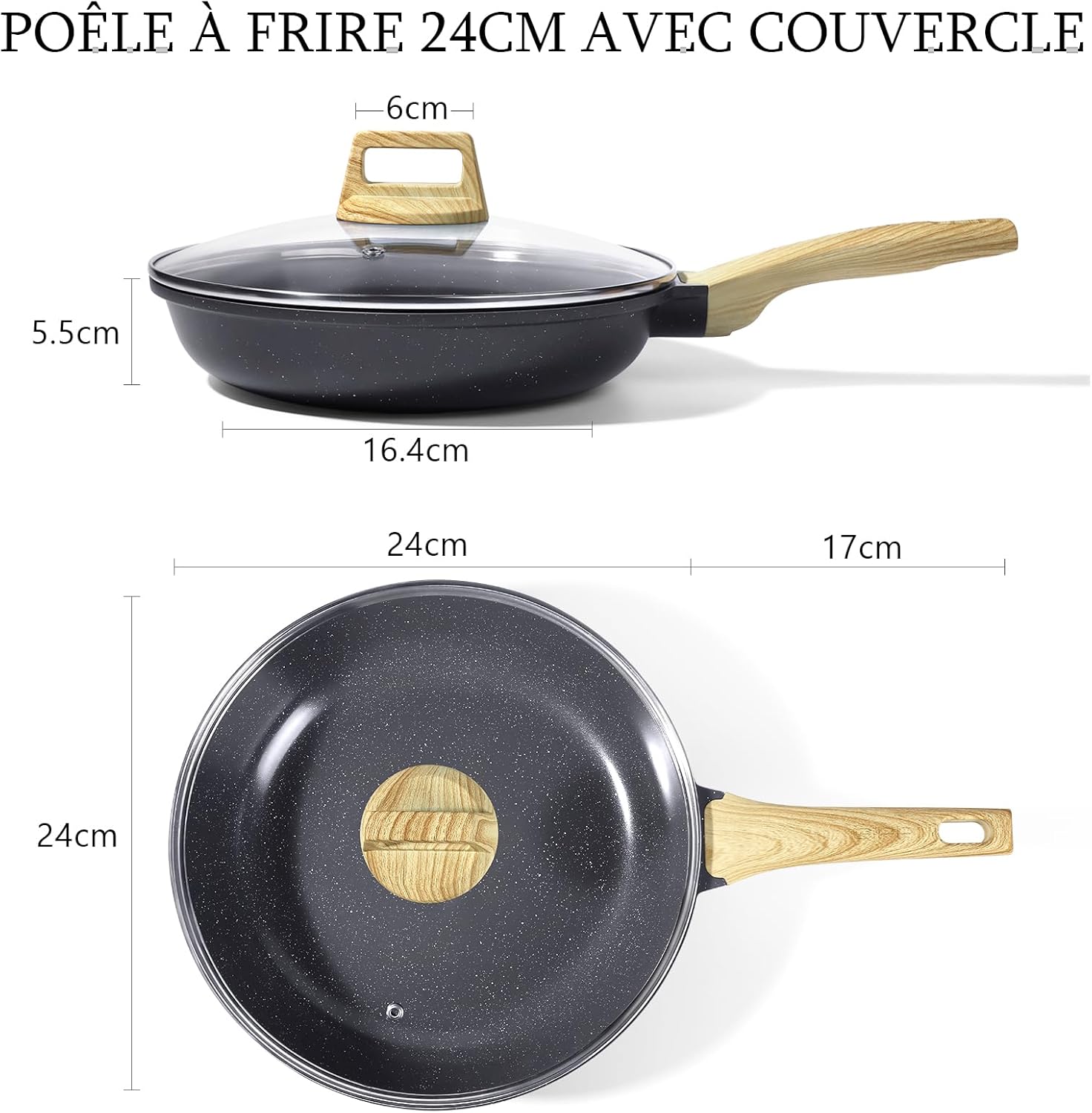 GiPP - Poêle à frire Granite série - 24cm - antiadhésive, induction, couvercle, sans PFAS/PFOA