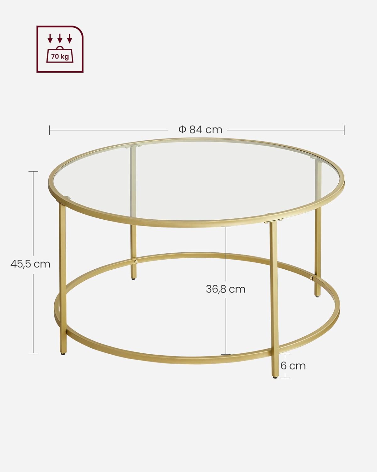 VASAGLE - Table basse ronde dorée verre, cadre AER, 55x55x45 cm, LGT21G