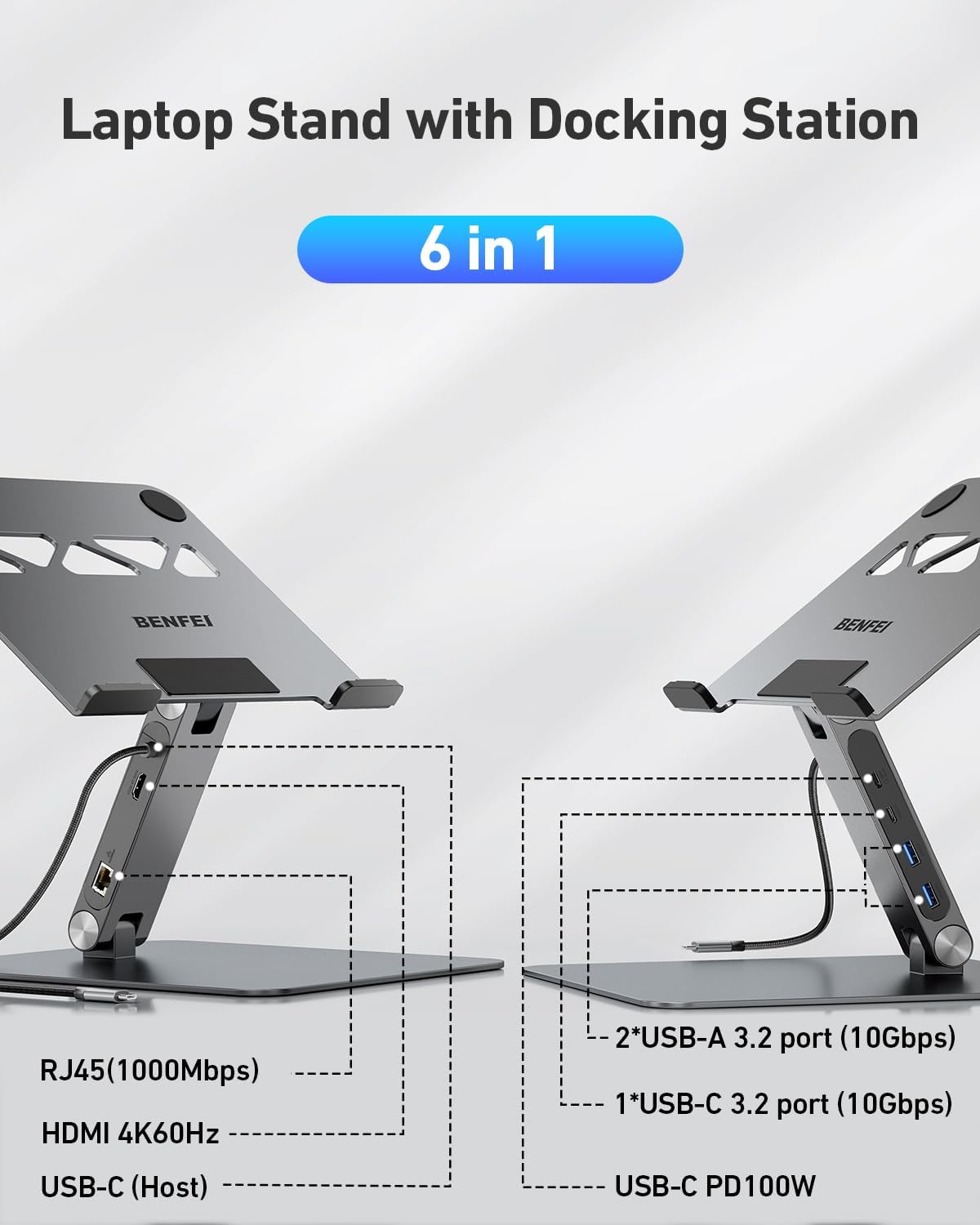 BENFEI - Support PC portable 6-en-1, HDMI 4K, USB-C, Ethernet, 100W PD