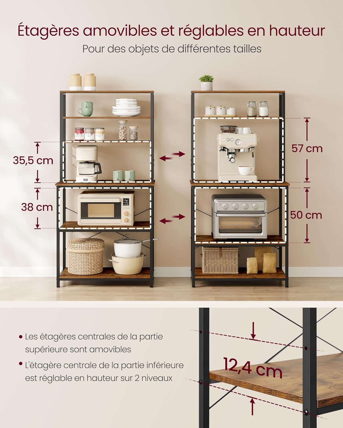 VASAGLE - étagère cuisine industrielle 40x80x167cm, 6 niveaux, crochets - KKS019B01