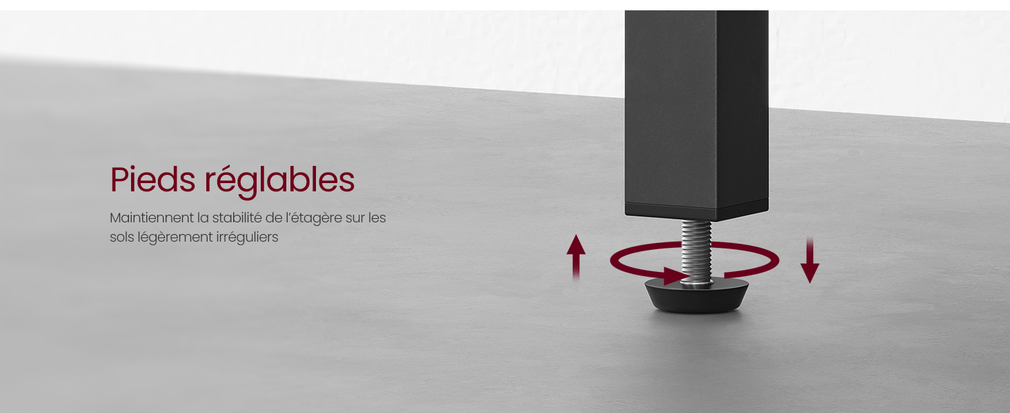 Démonstration rapprochée du mécanisme de pieds de meuble réglables avec des flèches circulaires rouges indiquant la capacité de mouvement vers le haut et vers le bas