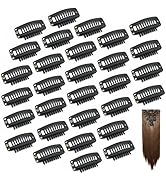 Affichage en grille de plusieurs pinces à extensions de cheveux en plastique noir disposées en rangées, avec une rallonge de cheveux bruns en bas à droite.
