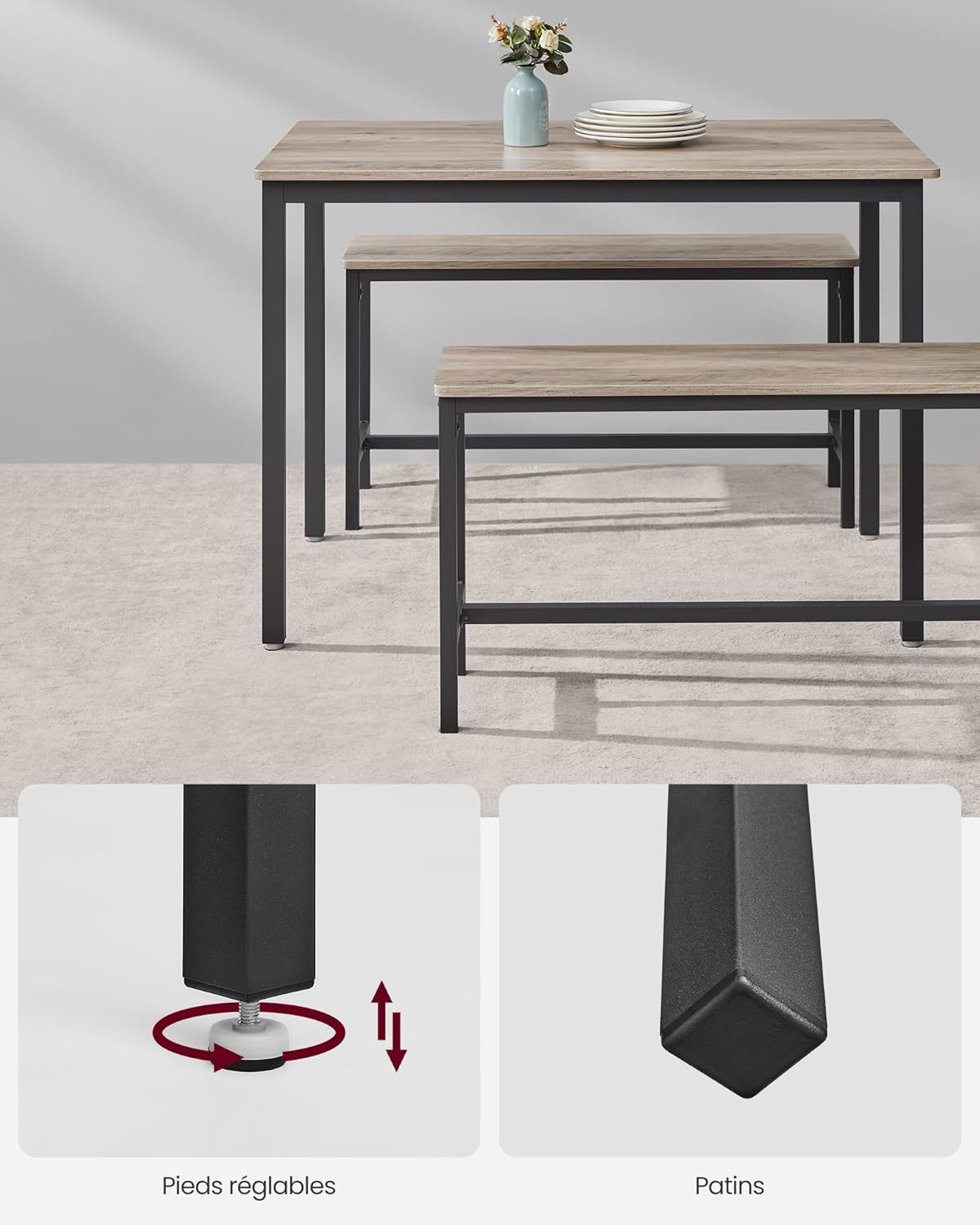 VASAGLE - table à manger 3 pièces - 70x110x75cm acier grège - KDT070B02