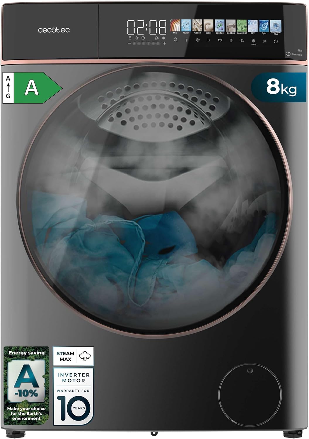Cecotec - Bolero DressCode 8kg frontal, acier, 1400tr, 10,3