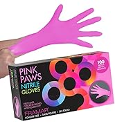 Le texte indique « GANTS ROSES » et « GANTS EN NITRILE ». Boîtes de produits contenant des gants jetables roses avec un motif à pois noirs sur l'emballage.