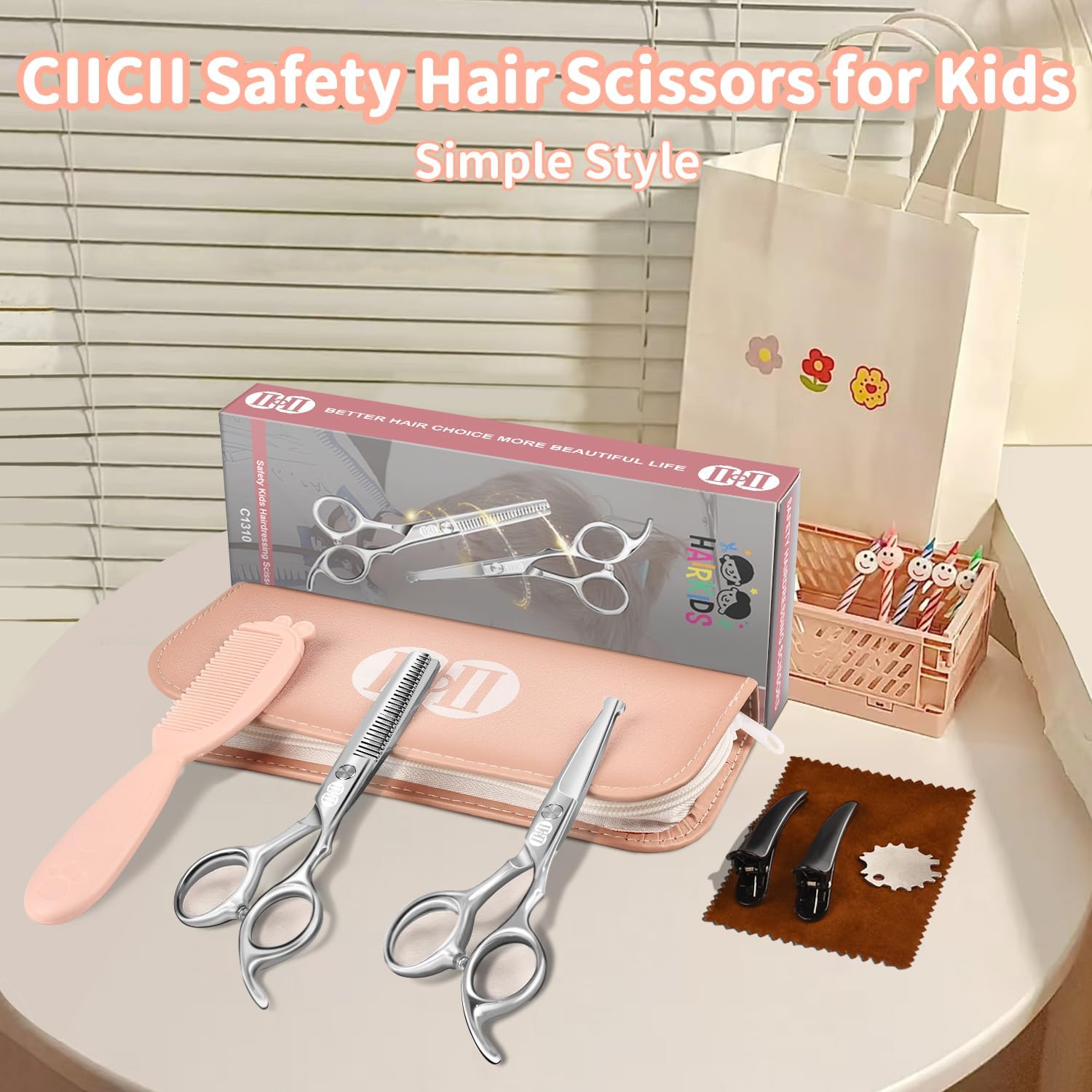 Ciseaux de coiffure enfant sécurité pointe ronde, 13cm, set pro CIICII