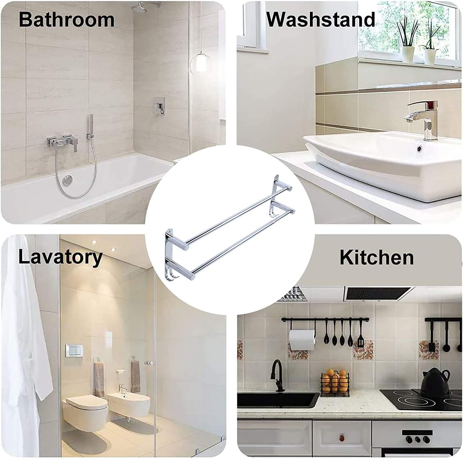 Porte-serviettes salle de bain 2 niveaux, inox, rétractable, mural, argent