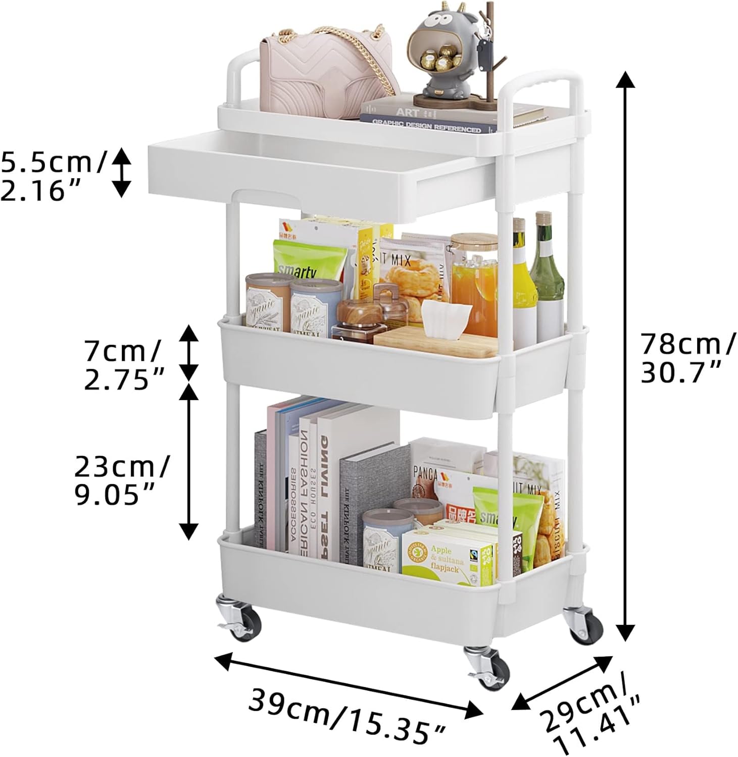 Chariot de rangement - 3/4 niveaux, plastique, tiroirs, à roulettes, compact