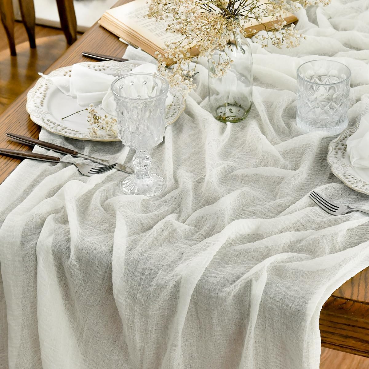 Artoid Mode - Chemins de table gaze mousseline, 300 cm, blanc bohème, lot de 2