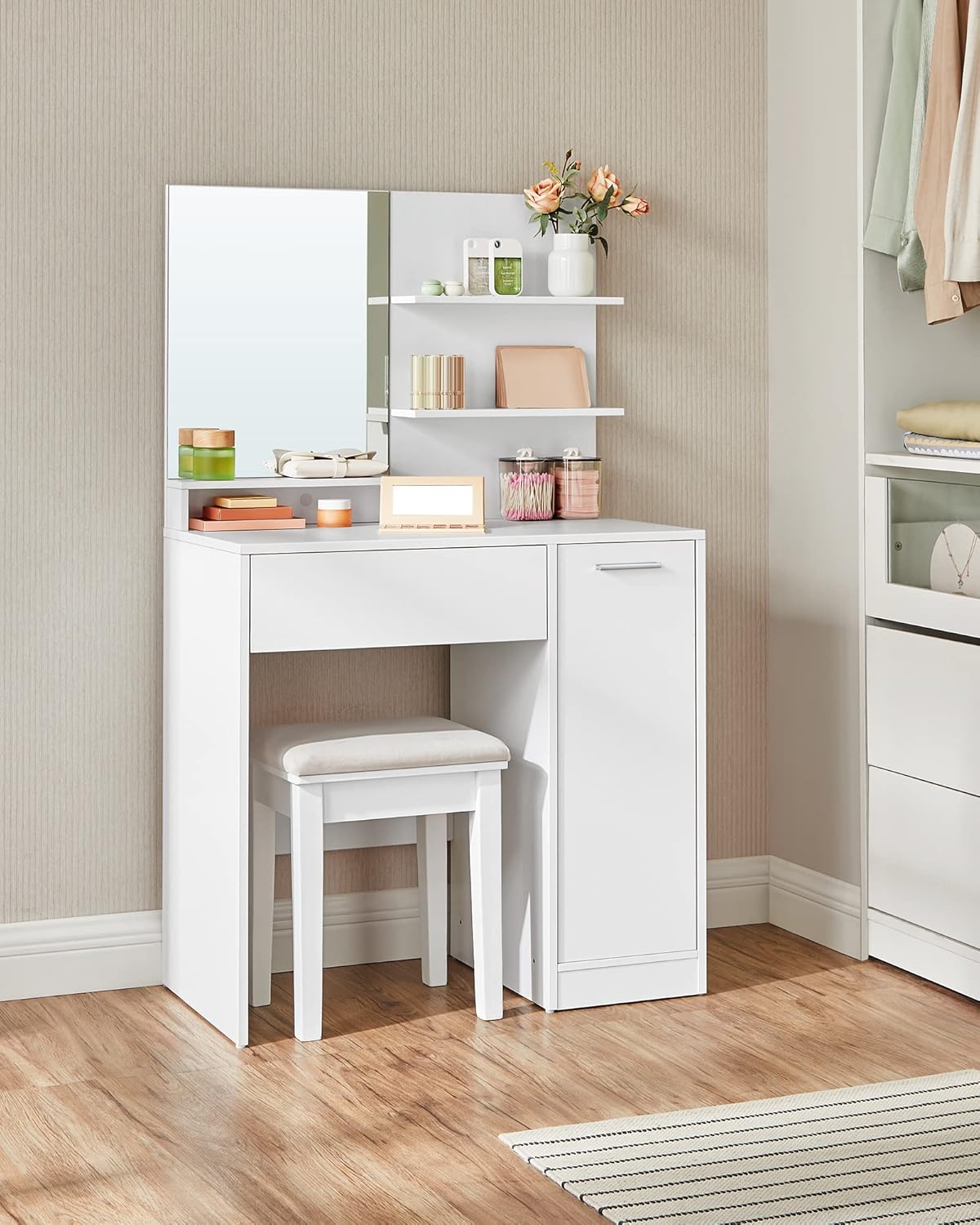 VASAGLE - Kailyn Collection - coiffeuse blanche moderne, miroir, étagères ajustables, 1 tiroir, RDT119W01