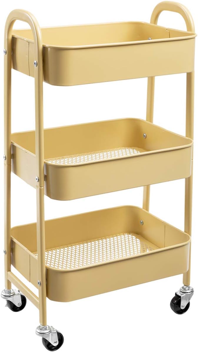 DOEWORKS - Chariot à roulettes 3 niveaux, métal, rangement cuisine, beige, compact