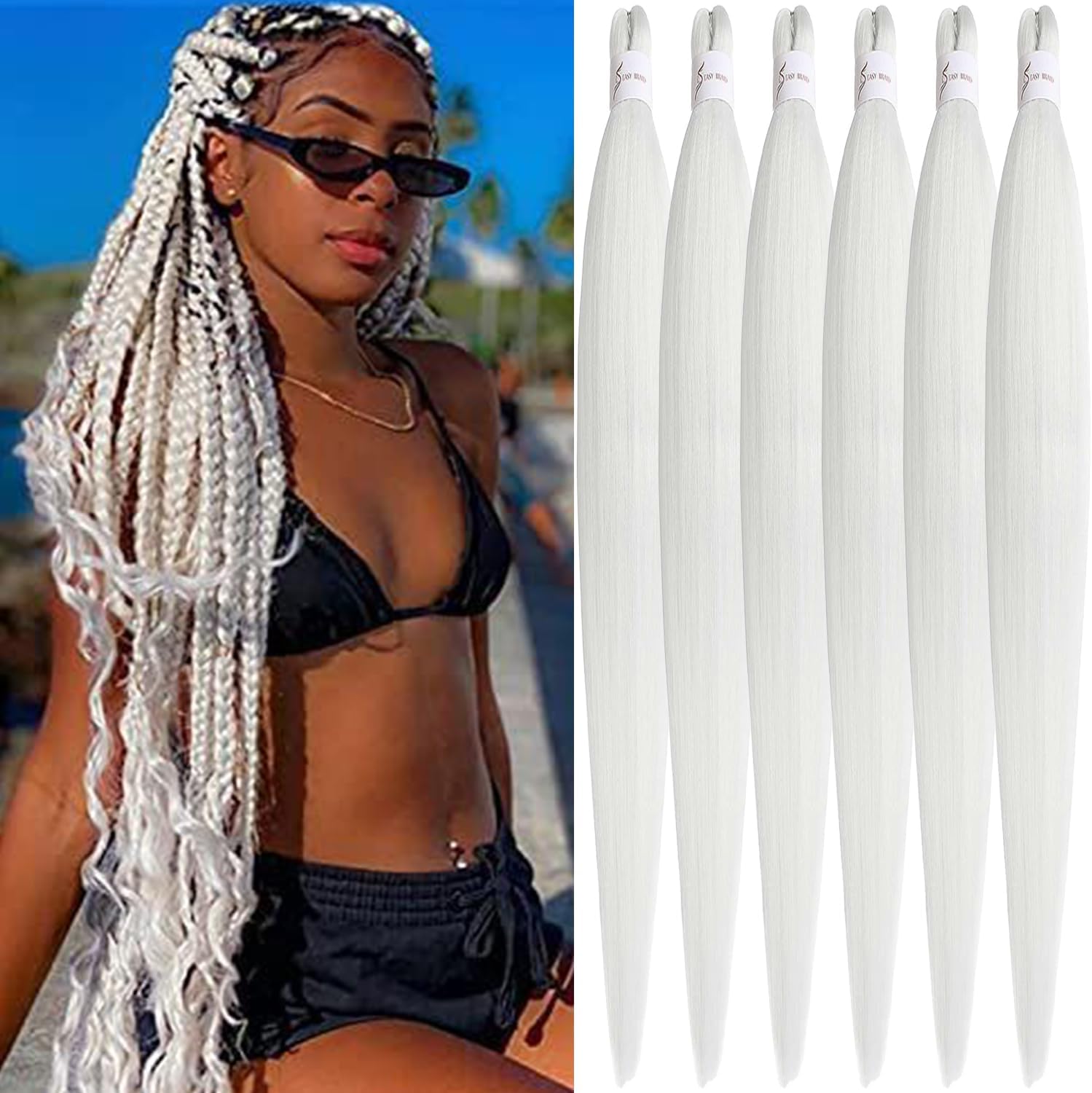 Rajout cheveux tressés pré-étirés - 30 pouces - kanekalon synthétique blanc, 6 paquets, pour tresses africaines