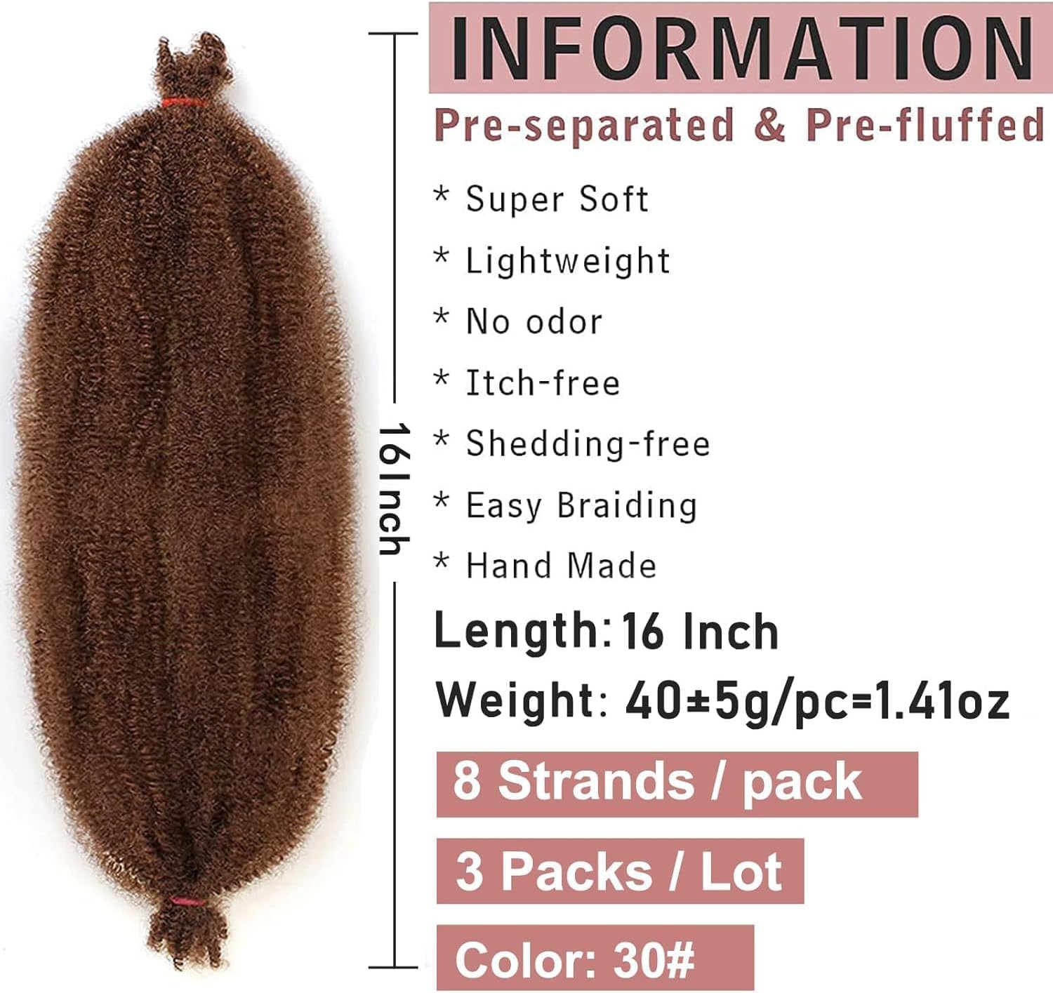 Xtrend - Extensions Cheveux Synthétiques 40cm - Afro Twist, 8 brins, 3 packs, marron