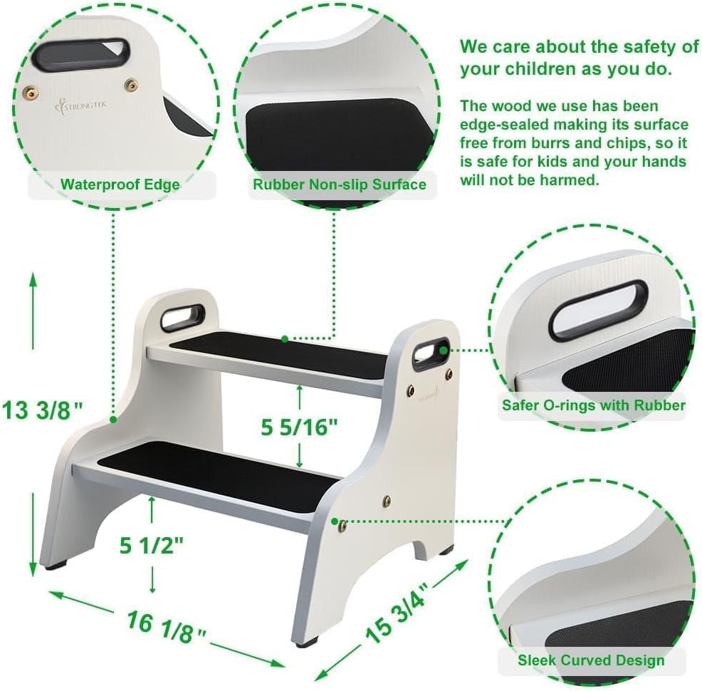 StrongTek - Tabouret 2 marches bois - 136kg - surface antidérapante, poignées, patins, White