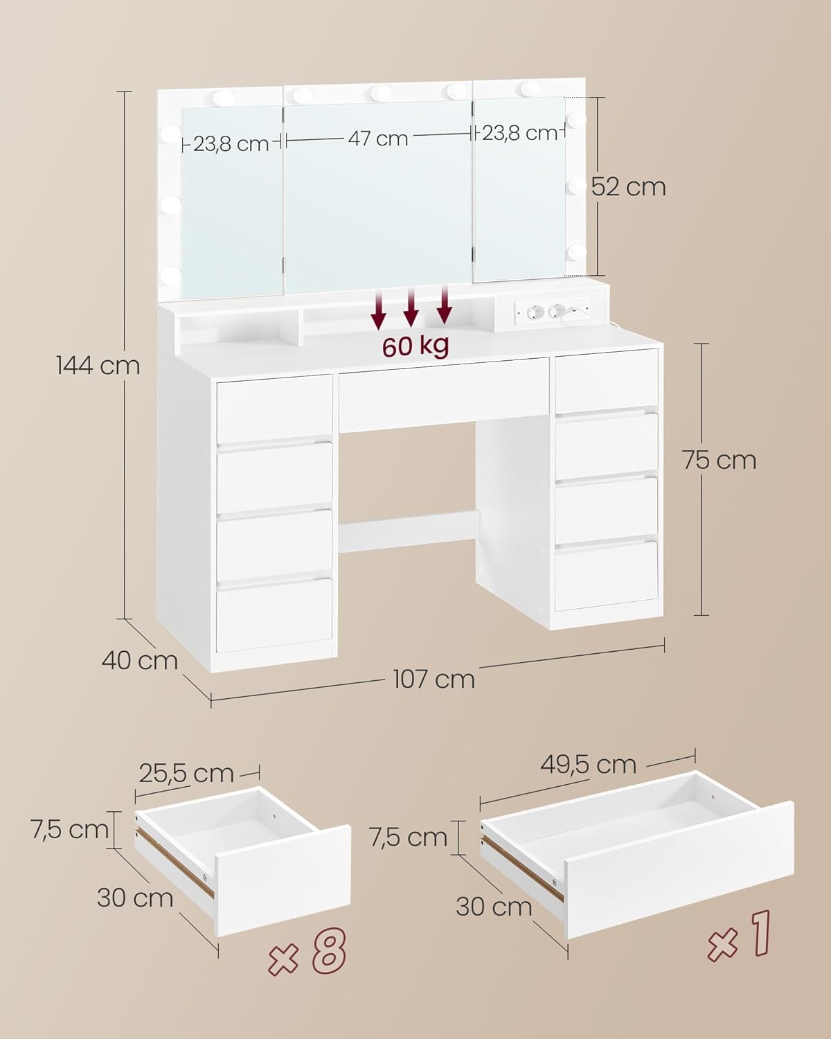 VASAGLE - KAILYN collection - coiffeuse 3 miroirs, 9 tiroirs, multiprise, éclairage LED, blanc - RDT146WB01