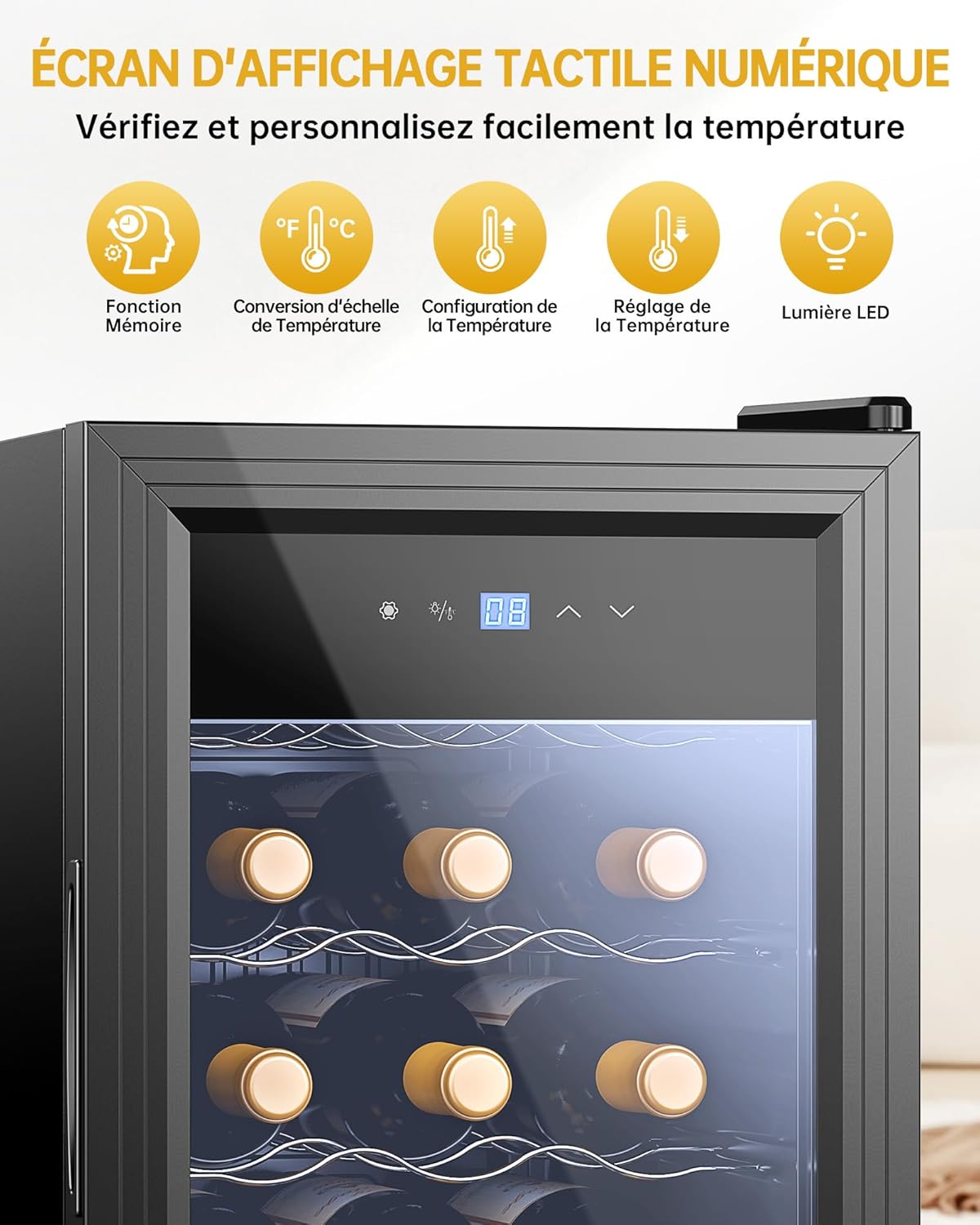 WIE - cave à vin 18 bouteilles, 53L, porte vitrée, compresseur, LED