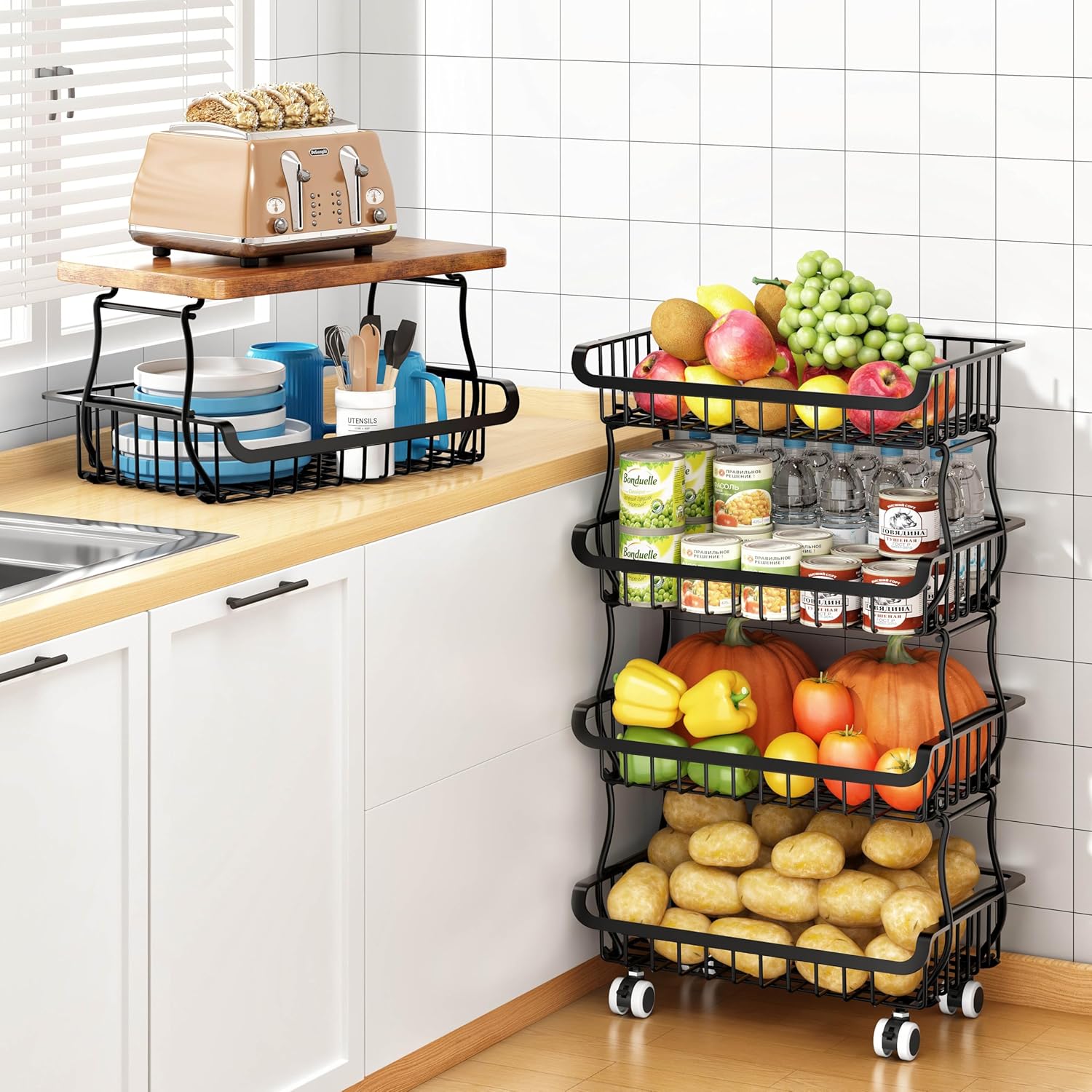 Organisateur de cellier - rangement 6 niveaux - empilable à roulettes, modulable 3+3 à 6+0 - pour cuisine et salle de ba