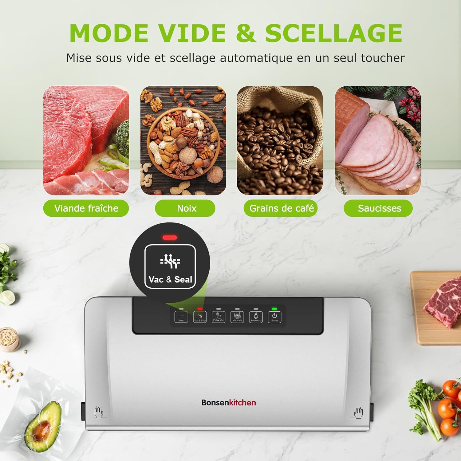 Bonsenkitchen - VS3000 - compacte - 5 modes, cutter, 10 sacs, rouleau