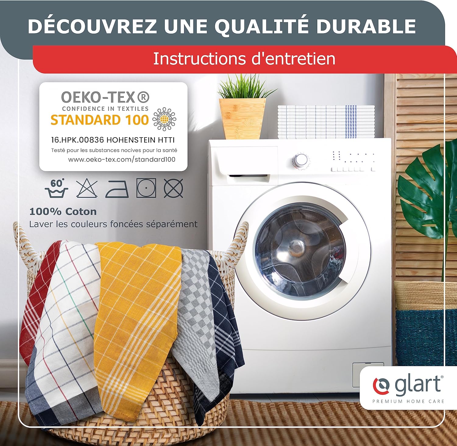 Glart - 48SG - 50x70cm - torchons coton, Oeko-Tex, sans peluche