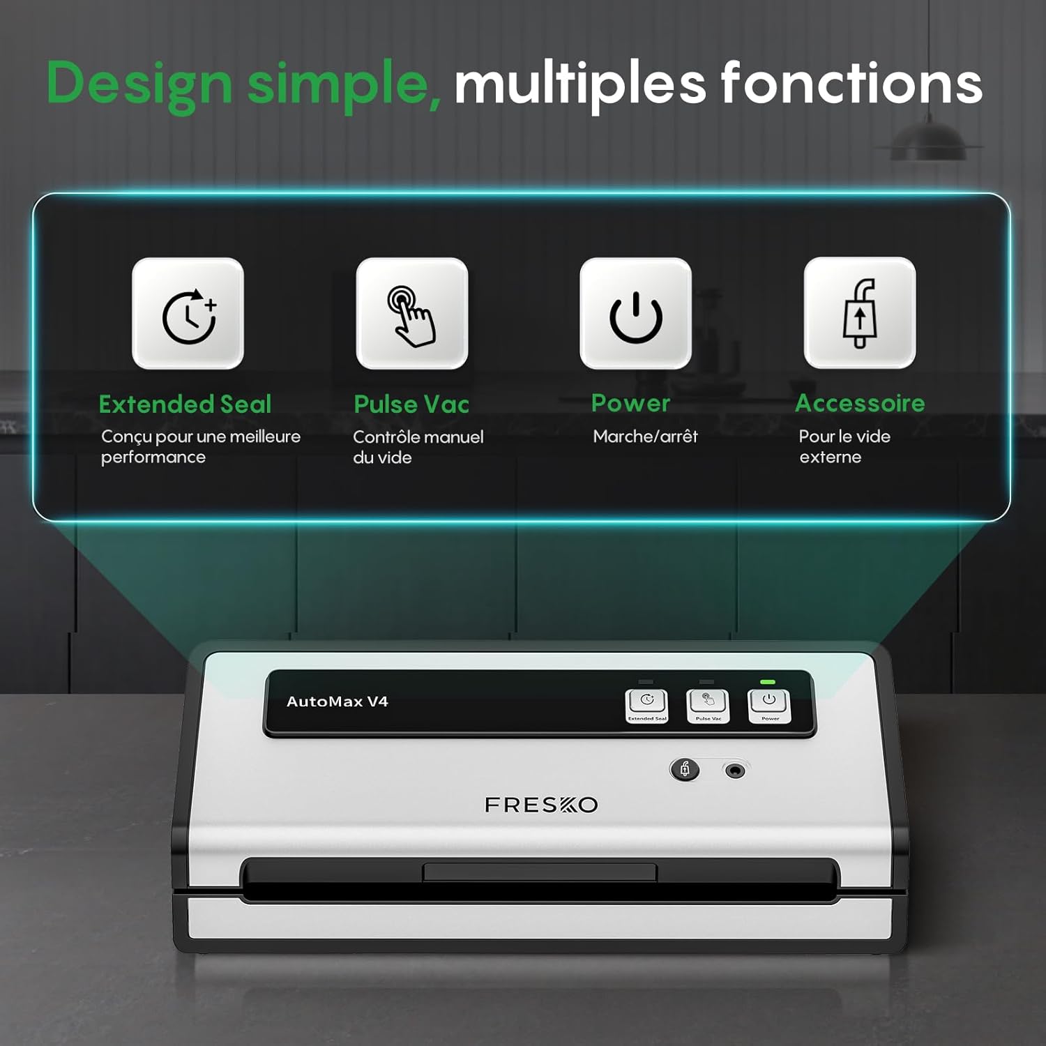 FRESKO - machine sous vide 140W, double scellage, sec/humide, 10 sacs, 4 kits bocaux