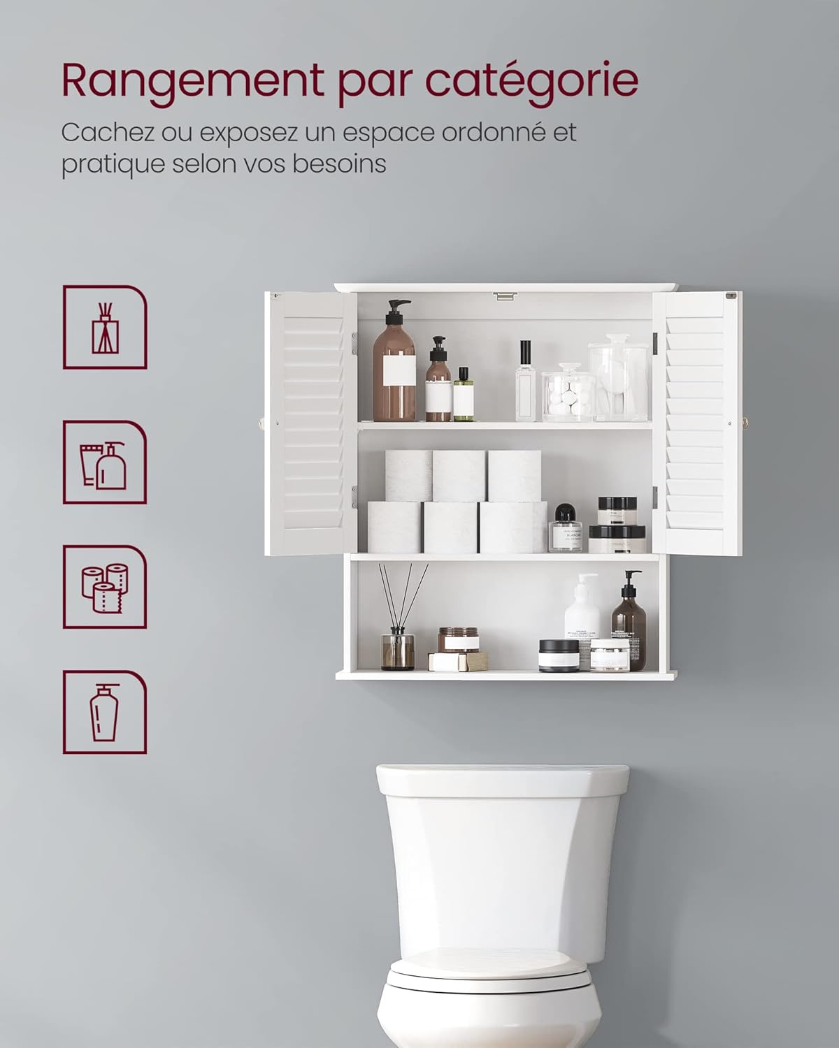 VASAGLE - meuble mural salle de bains - 20x60x70cm - étagère réglable, double porte, blanc - BBC27WT