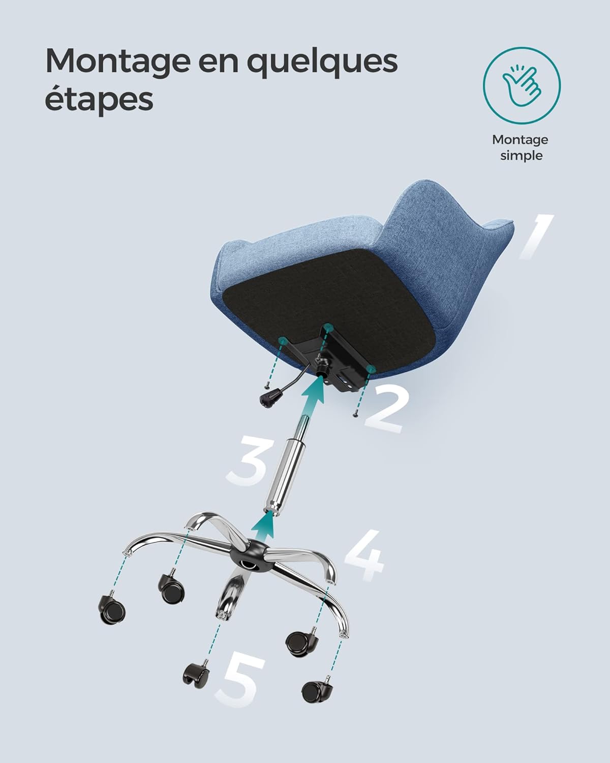 SONGMICS - fauteuil de bureau ergonomique, cadre acier, tissu coton-lin, bleu, réglable, 110kg - OBG019Q01