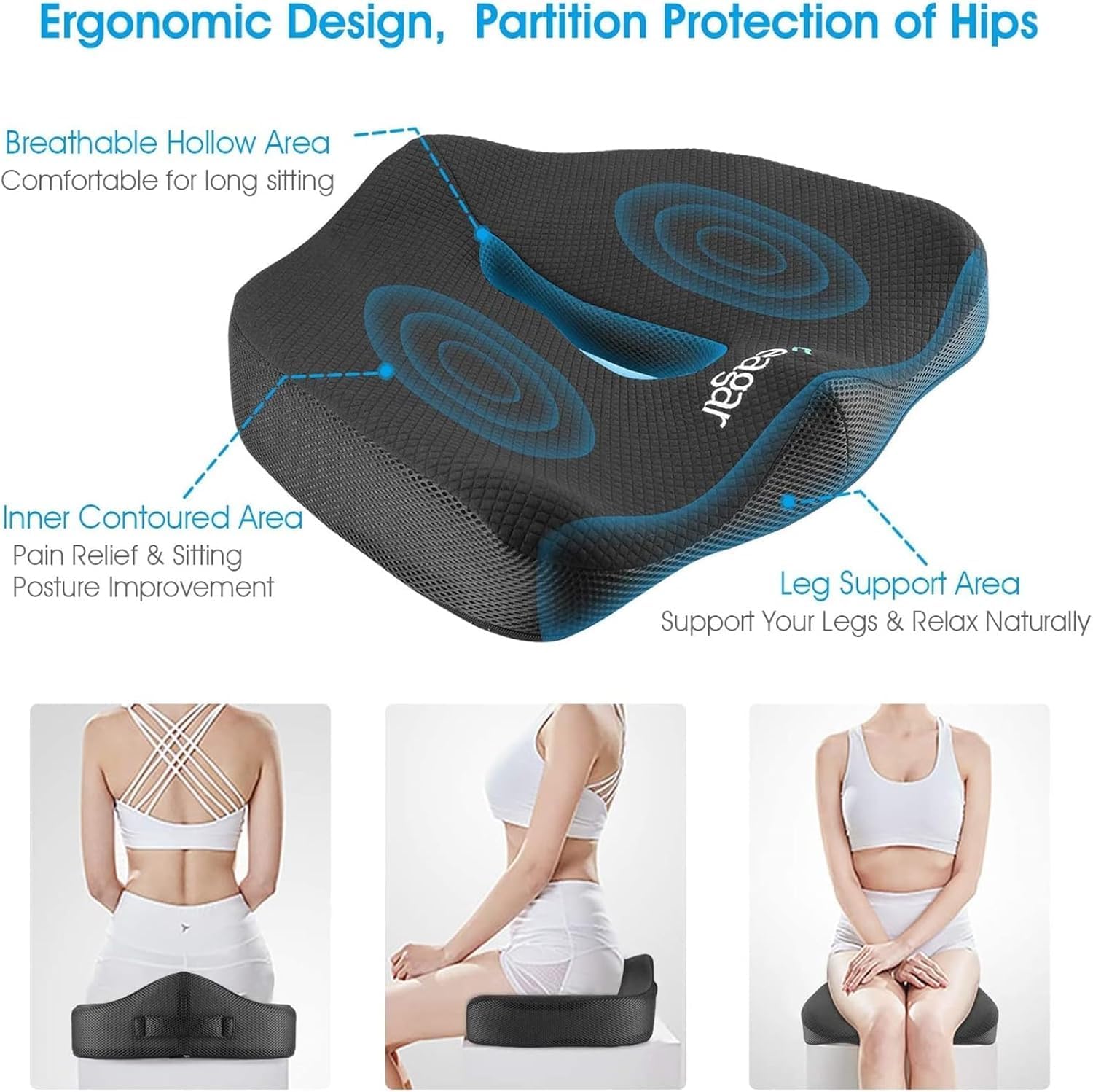 Feagar - Coussin mémoire ergonomique pour assise - noir - soutien coccyx, siège voiture, bureau, fauteuil roulant
