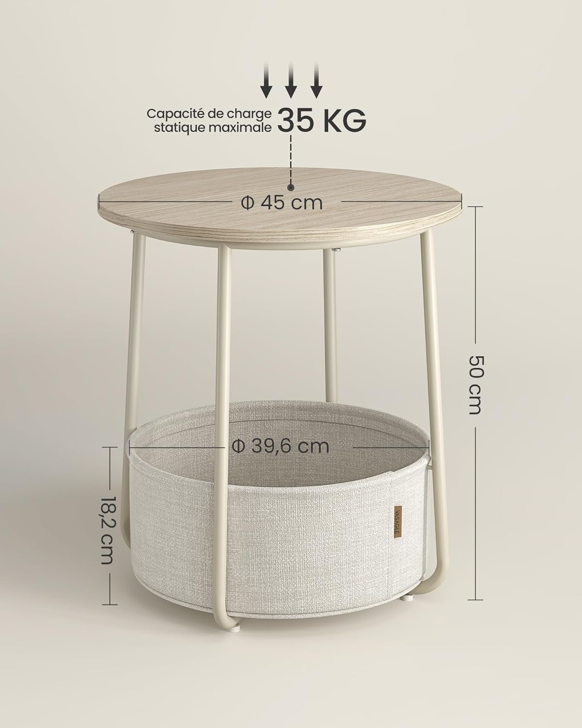 VASAGLE - Table basse ronde moderne, avec panier tissu, beige, LET223K67