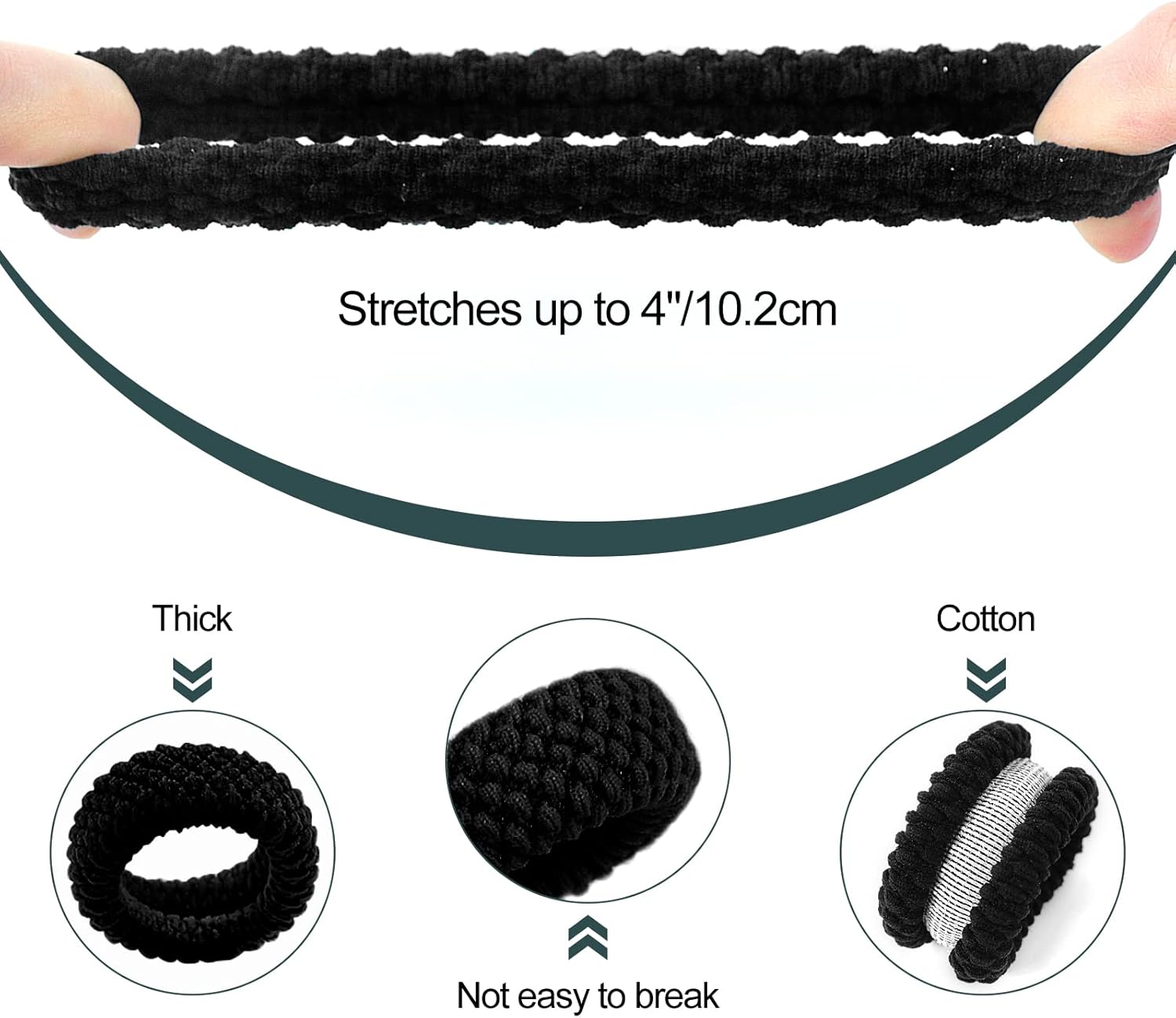 Élastiques cheveux - coton noir, épais - 5cm - lot de 16, sans couture