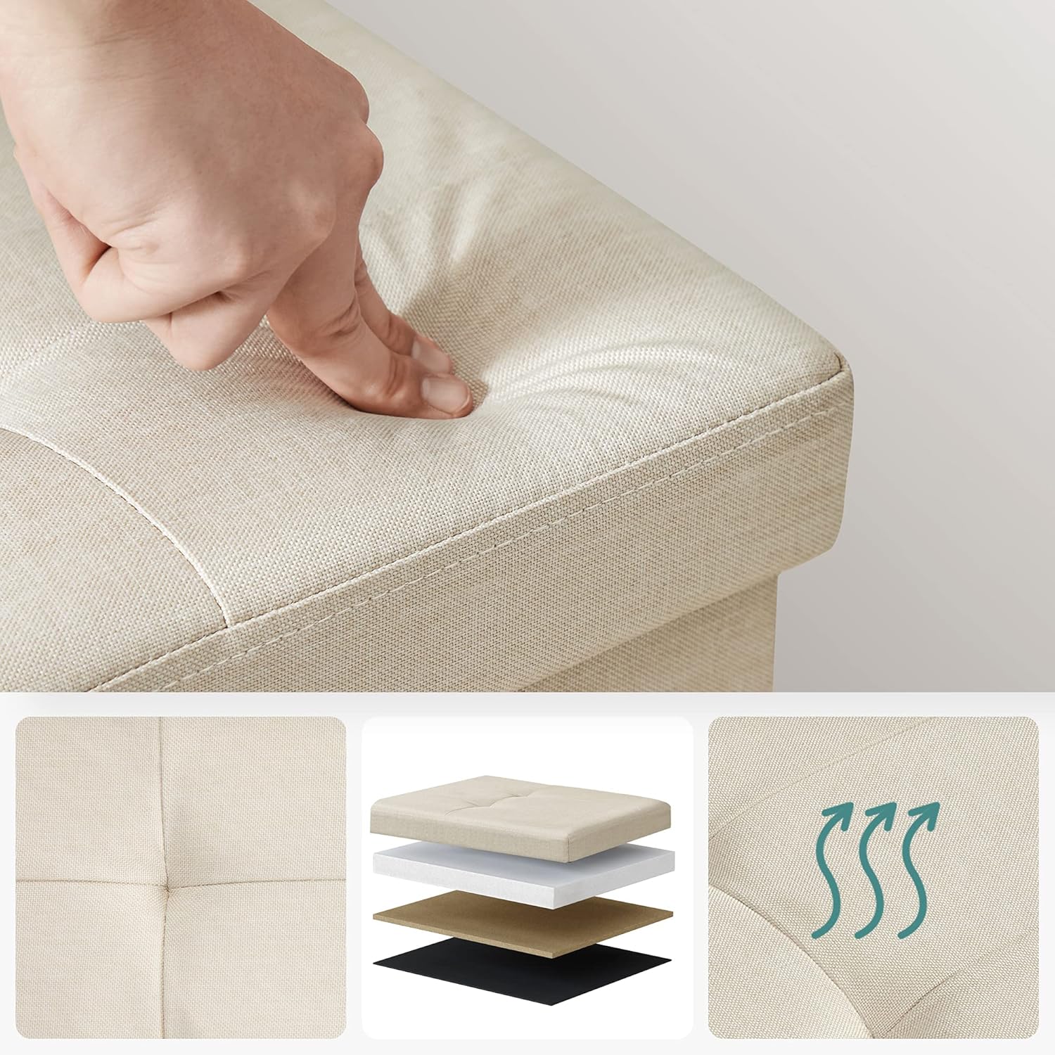 SONGMICS - banc de rangement pliable, 110x38x38 cm, 300 kg, blanc crème LSF77BE