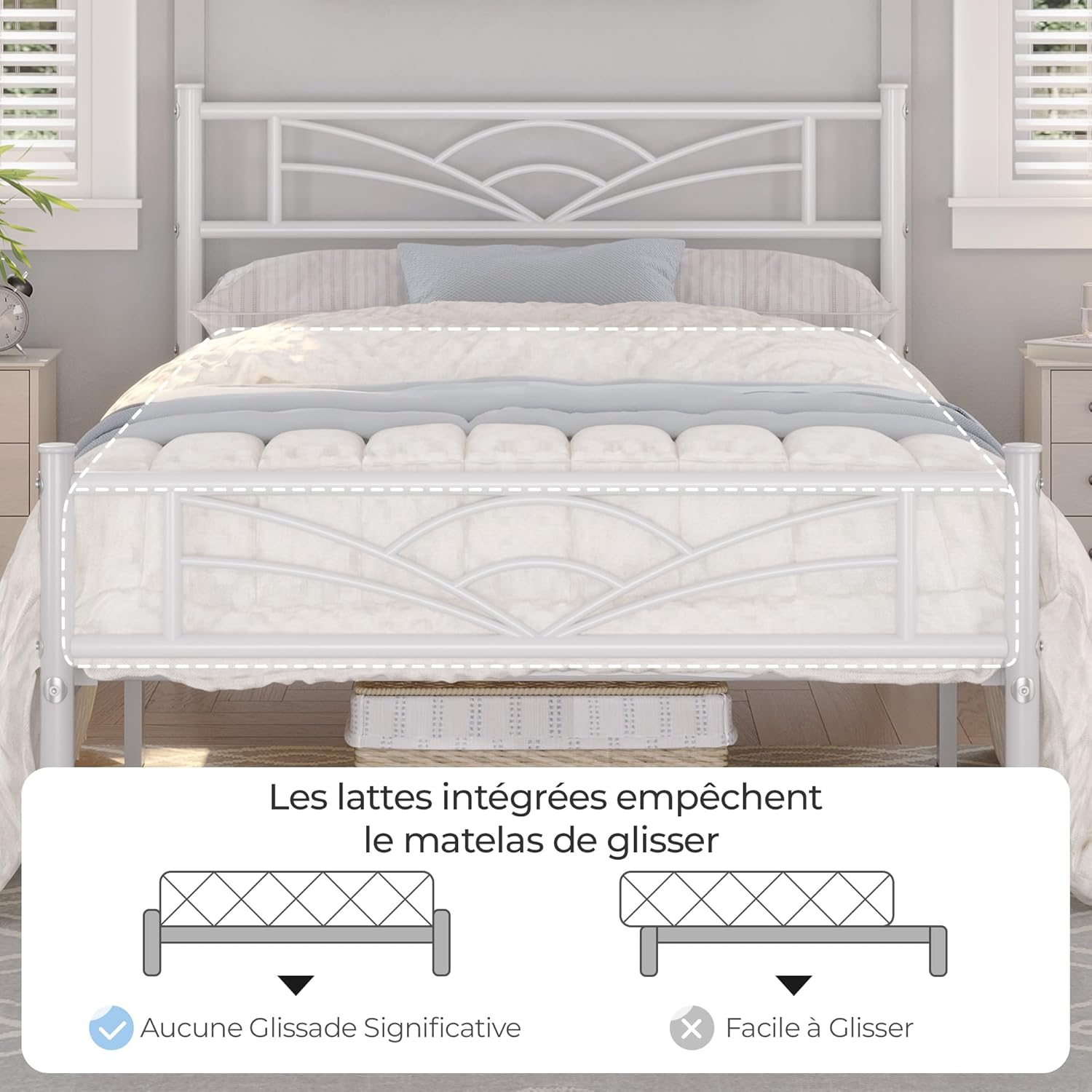 Yaheetech – lit simple métal – 90x200cm – blanc, montage facile