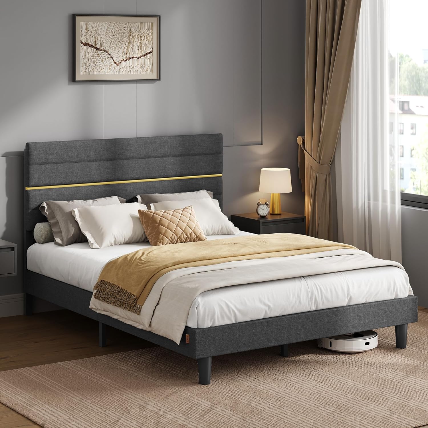 VASAGLE - lit double moderne - 140x200 cm - tête rembourrée réglable, métal et bois gris ardoise RMB504G01