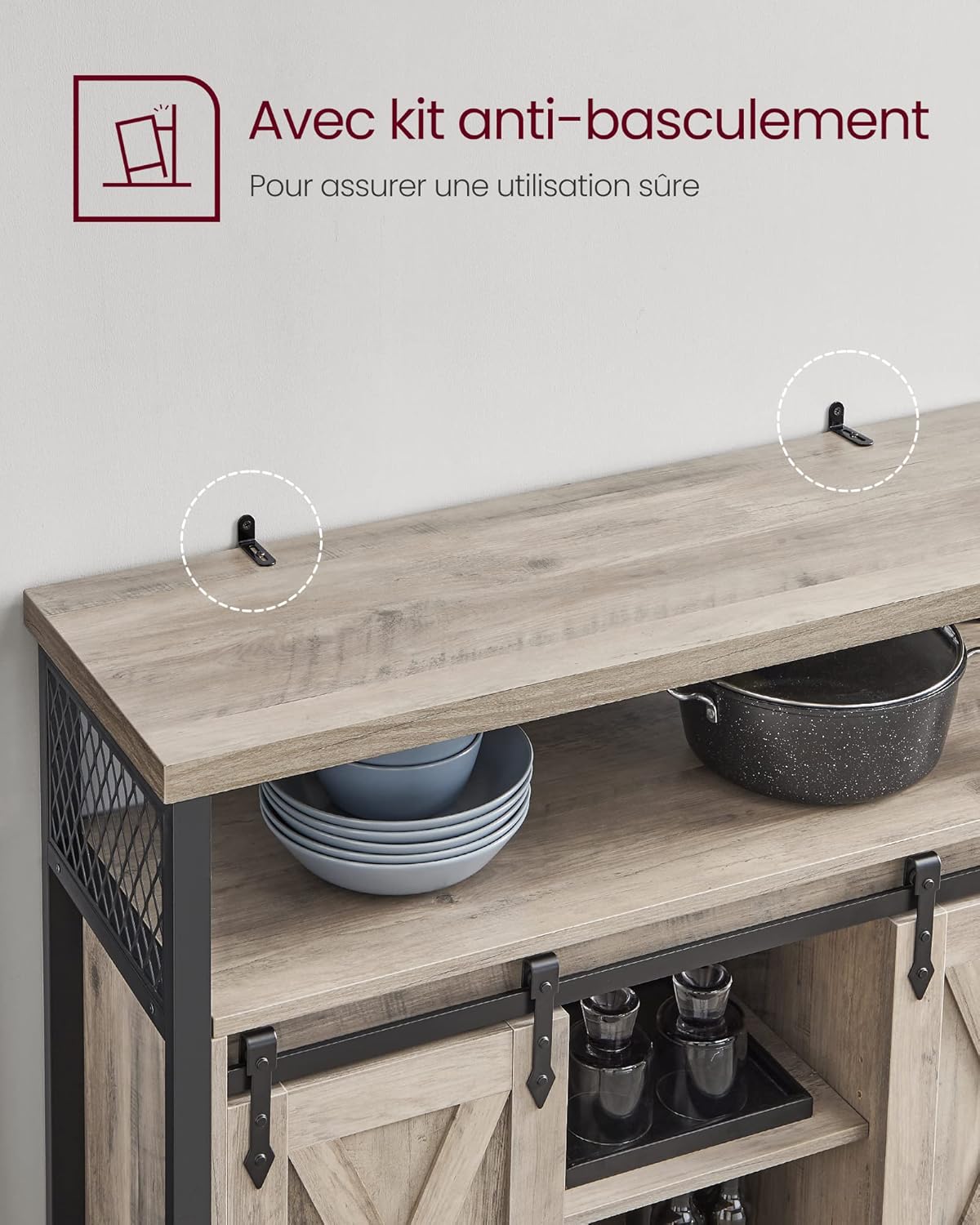 VASAGLE - buffet rangement cuisine - 100x33x80 cm - 2 portes coulissantes, étagères réglables, grège/noir - LSC092B02