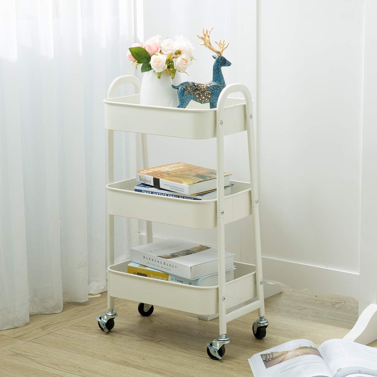 DOEWORKS - chariot métal 3 niveaux, roulettes, blanc, rangement cuisine
