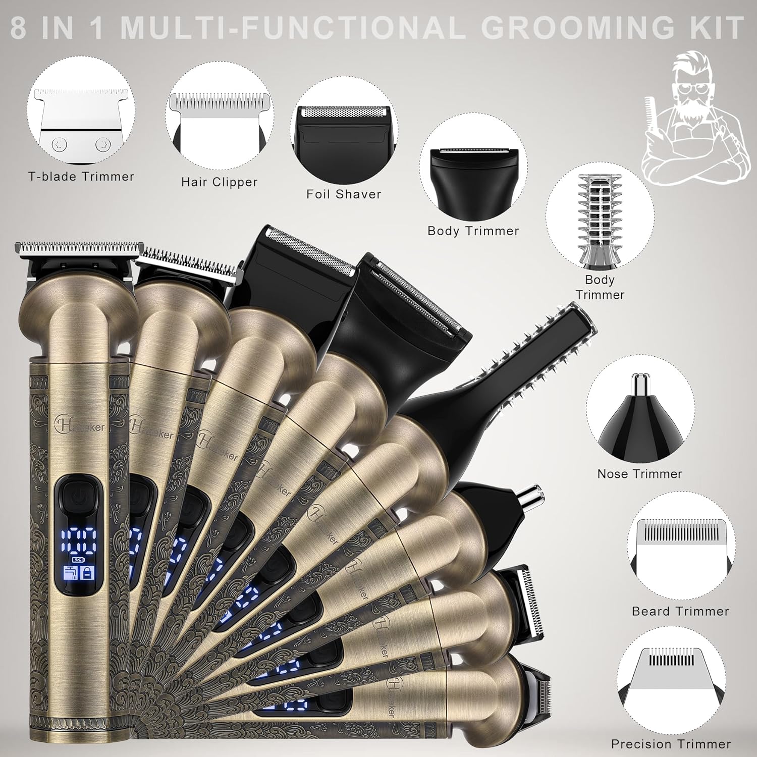 Hatteker - tondeuse barbe et cheveux 8 en 1 - lame en T, rasoir électrique, accessoires précision