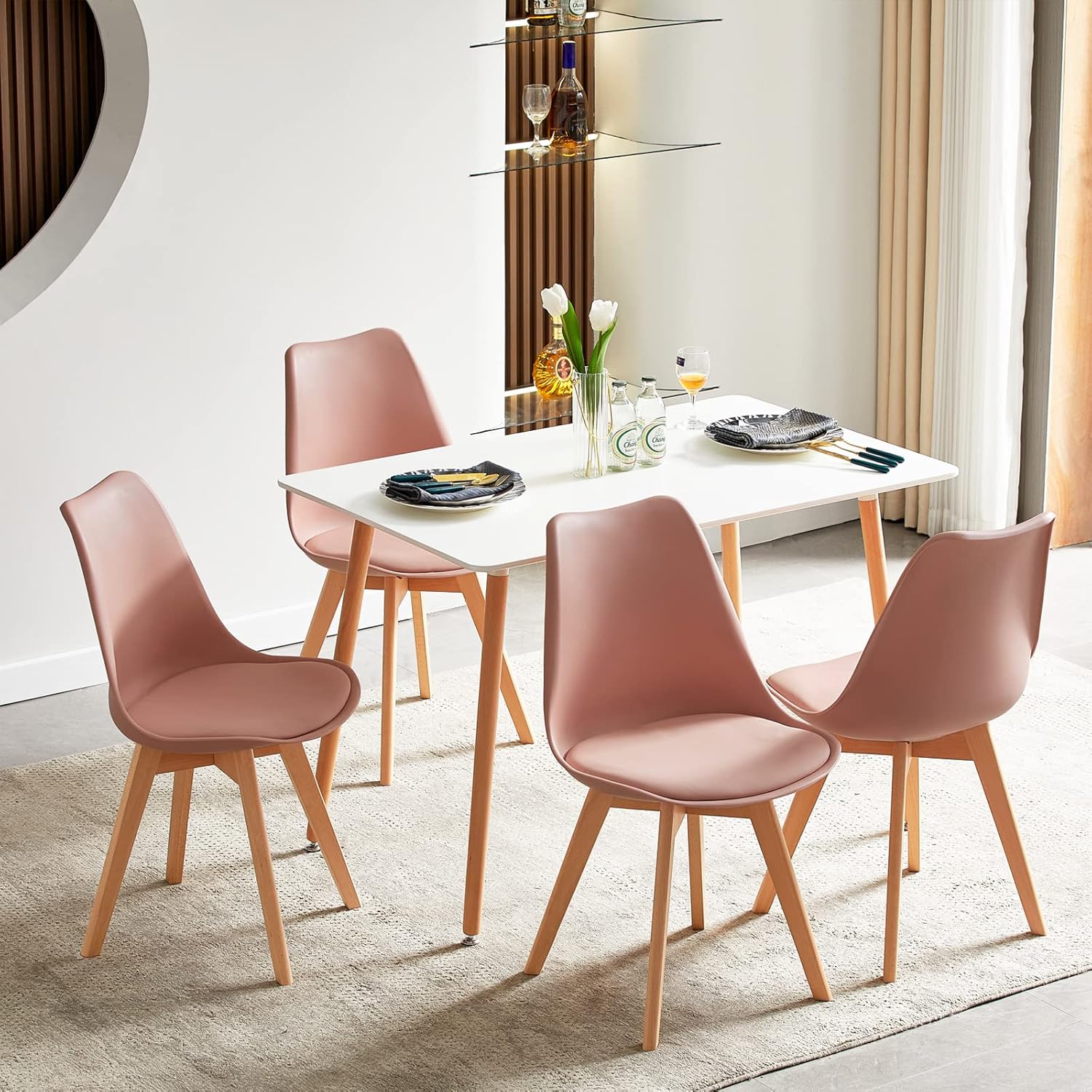 EGGREE - Lot de 4 chaises scandinaves, bois hêtre, rose fumé, assise rembourrée