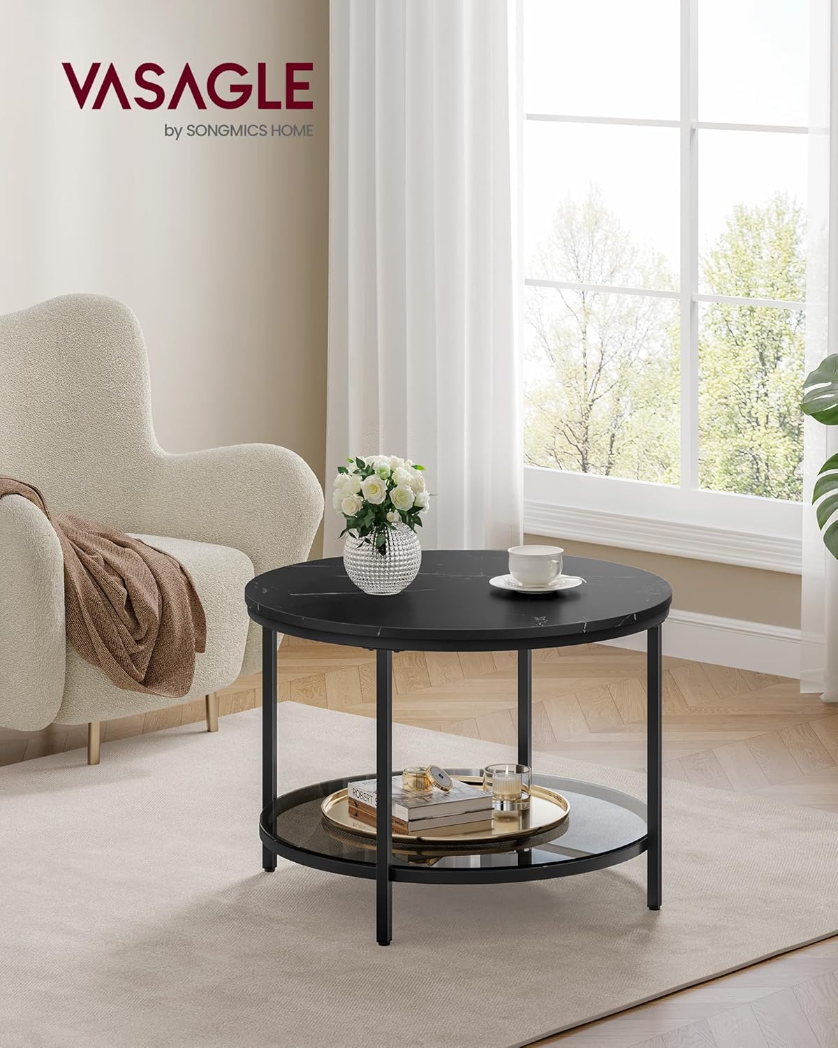 VASAGLE - table basse moderne marbre/verre trempé, facile montage, LCT072B58