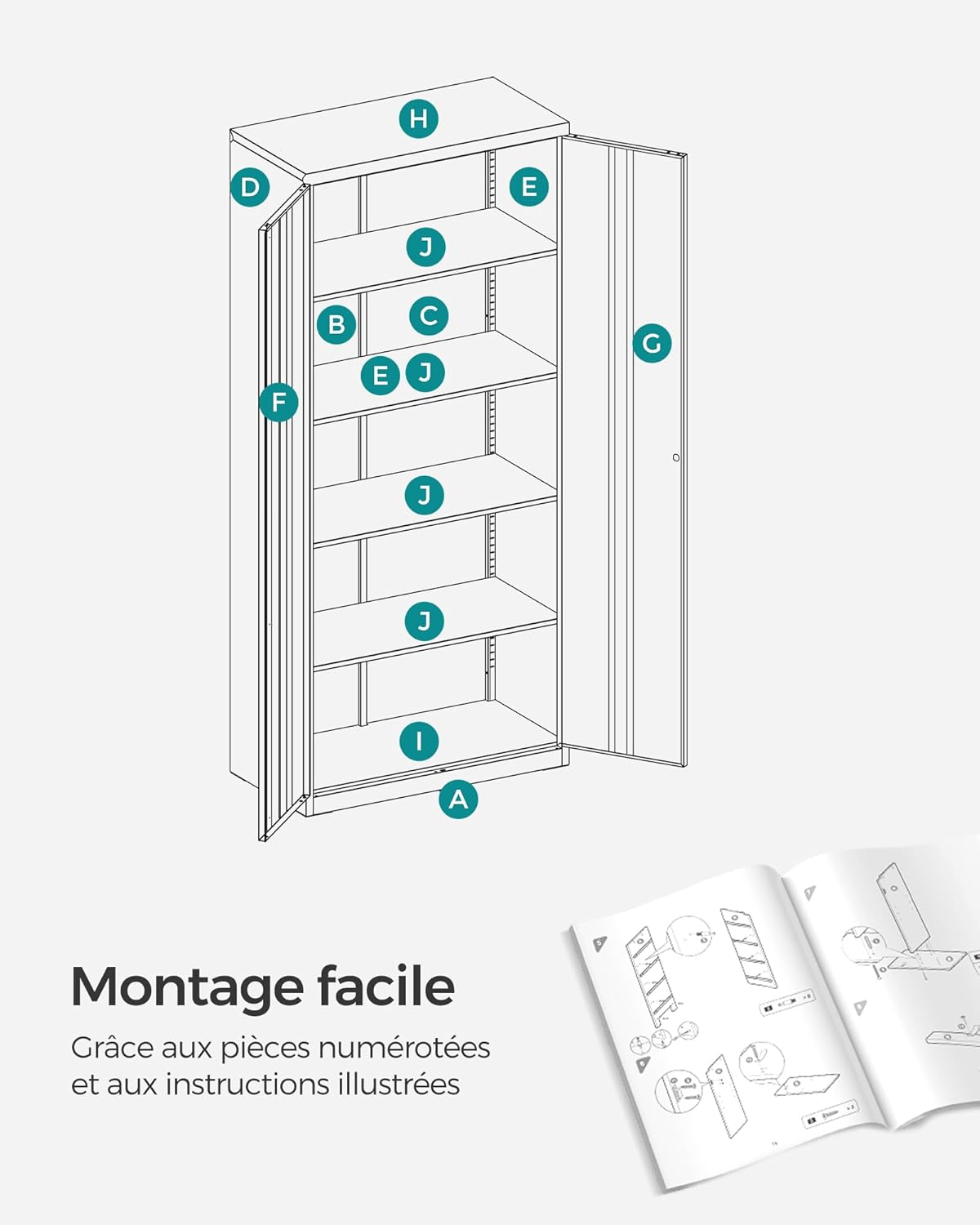 SONGMICS - meuble bureau acier, 5 niveaux, 40x80x180 cm, portes doubles, OMC015W01