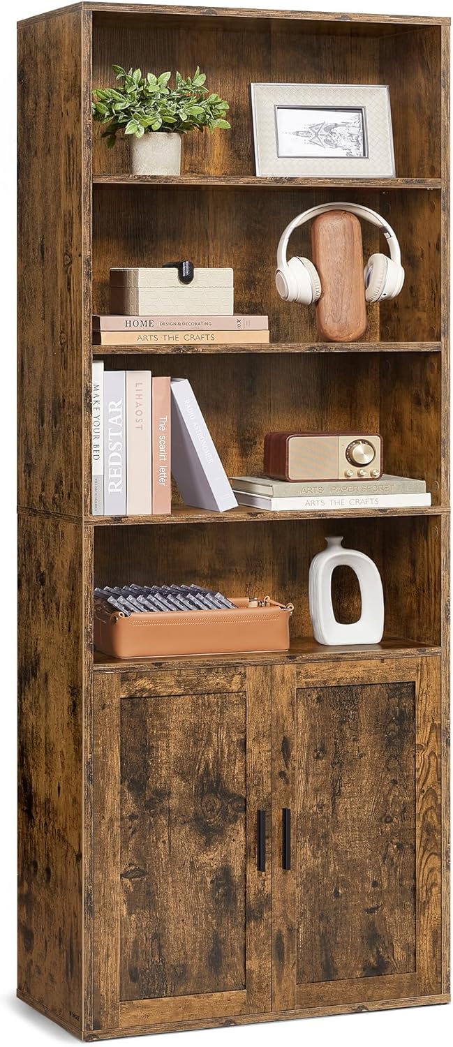 VASAGLE - Custos Collection - 24x60x175 cm - bibliothèque 6 niveaux, portes, rangement ouvert, marron rustique LBC402K01
