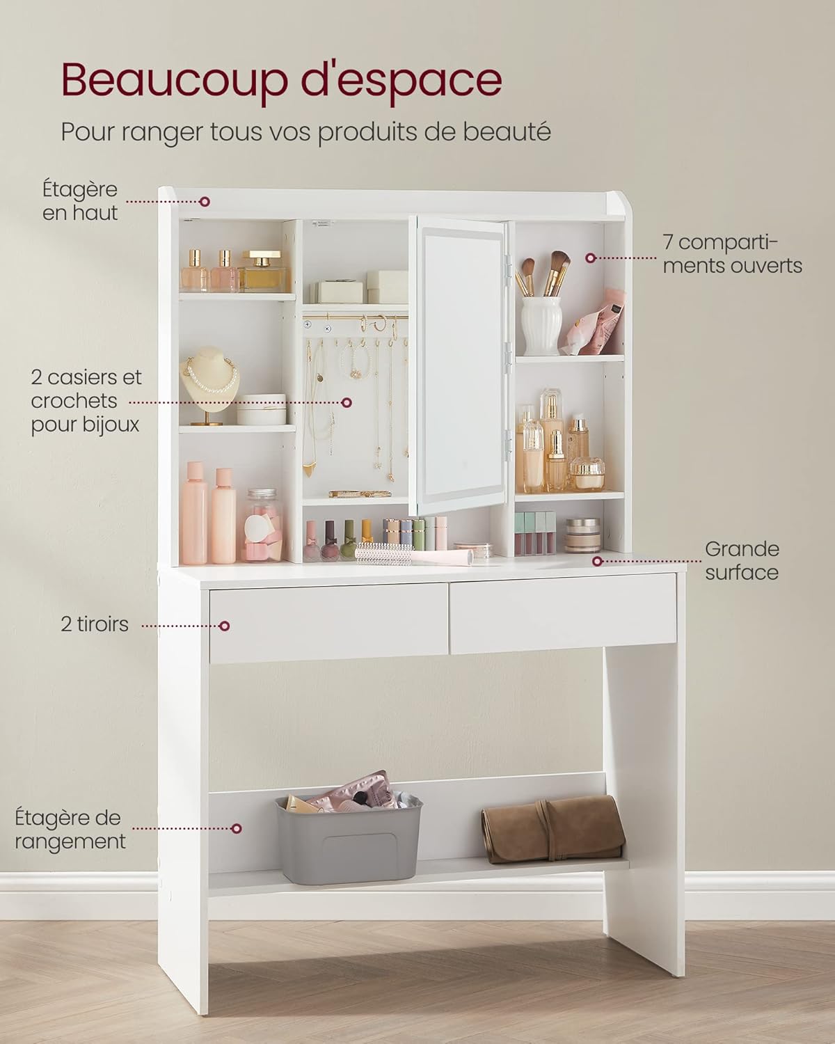 VASAGLE - Kailyn Collection - coiffeuse LED, 3 couleurs, 2 tiroirs, étagère réglable, blanc, RDT723W01