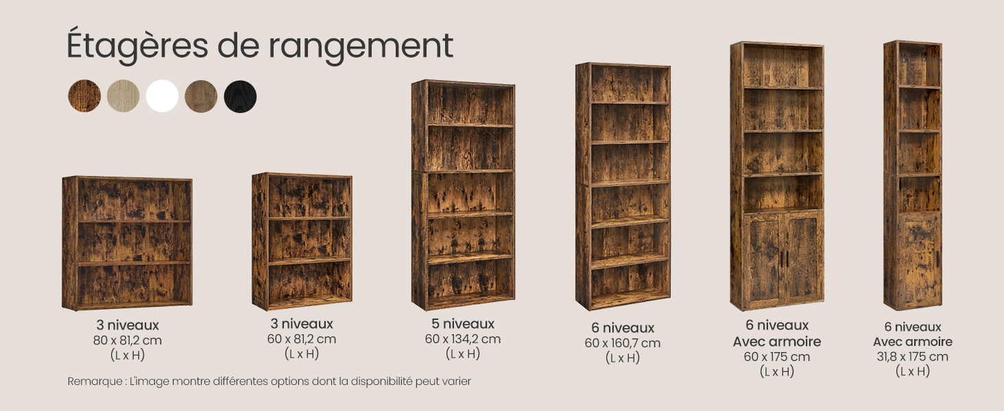 Gamme de produits composée de six étagères de rangement rustiques en bois de différentes hauteurs, avec le texte français « Étagères de rangement » et les spécifications de taille indiquées ci-dessus